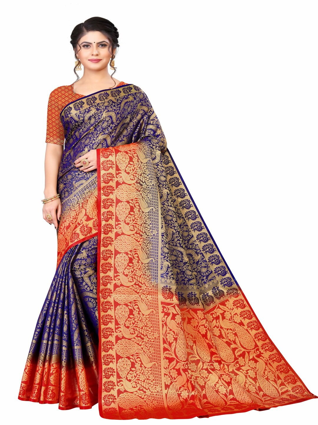 

MOKSHA DESIGNS Women Navy Blue & Red Woven Design Zari Pure Silk Kanjeevaram Saree