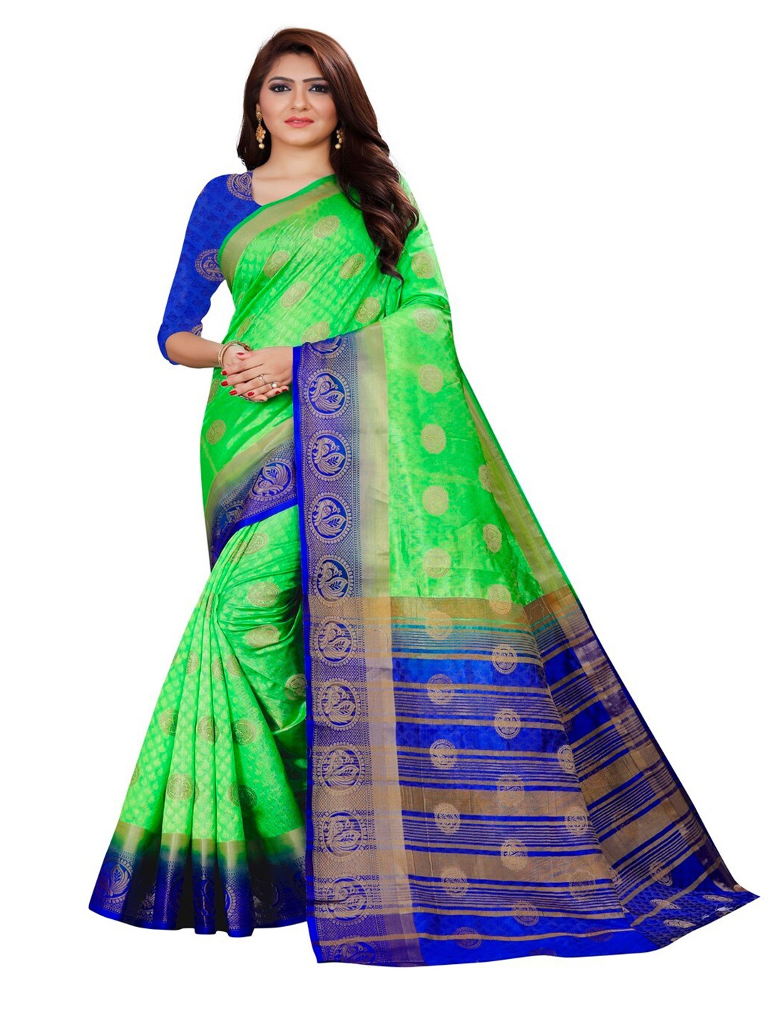 

MOKSHA DESIGNS Green & Blue Ethnic Motifs Zari Pure Silk Kanjeevaram Saree