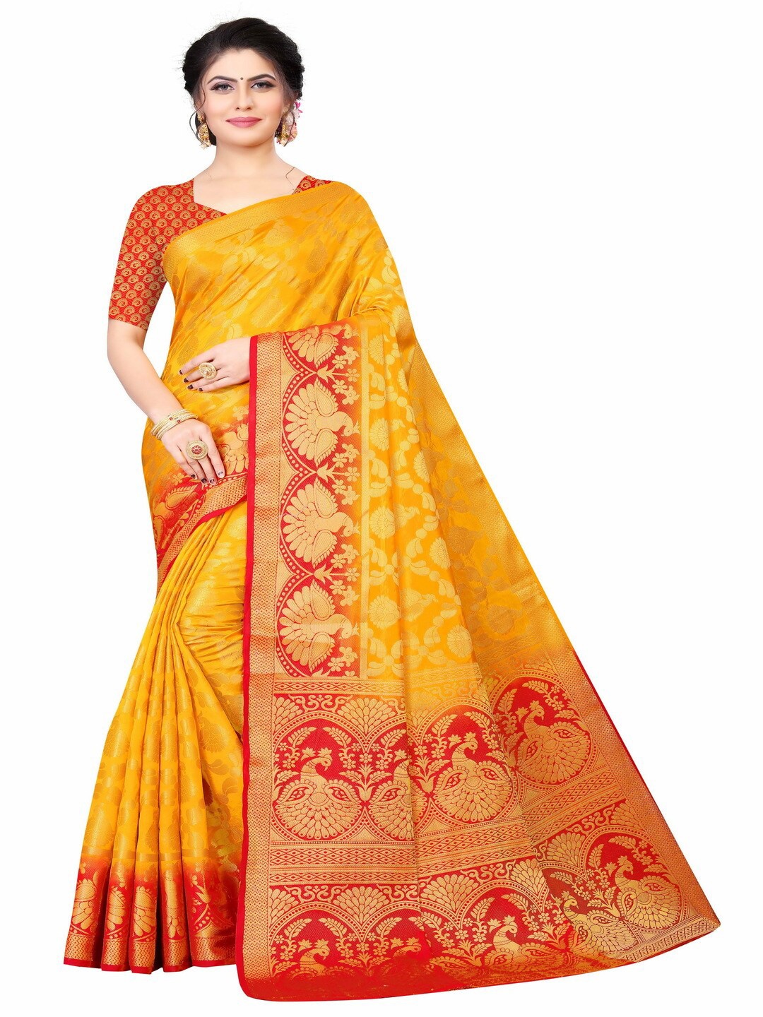 

MOKSHA DESIGNS Yellow & Red Woven Design Pure Silk Kanjeevaram Saree