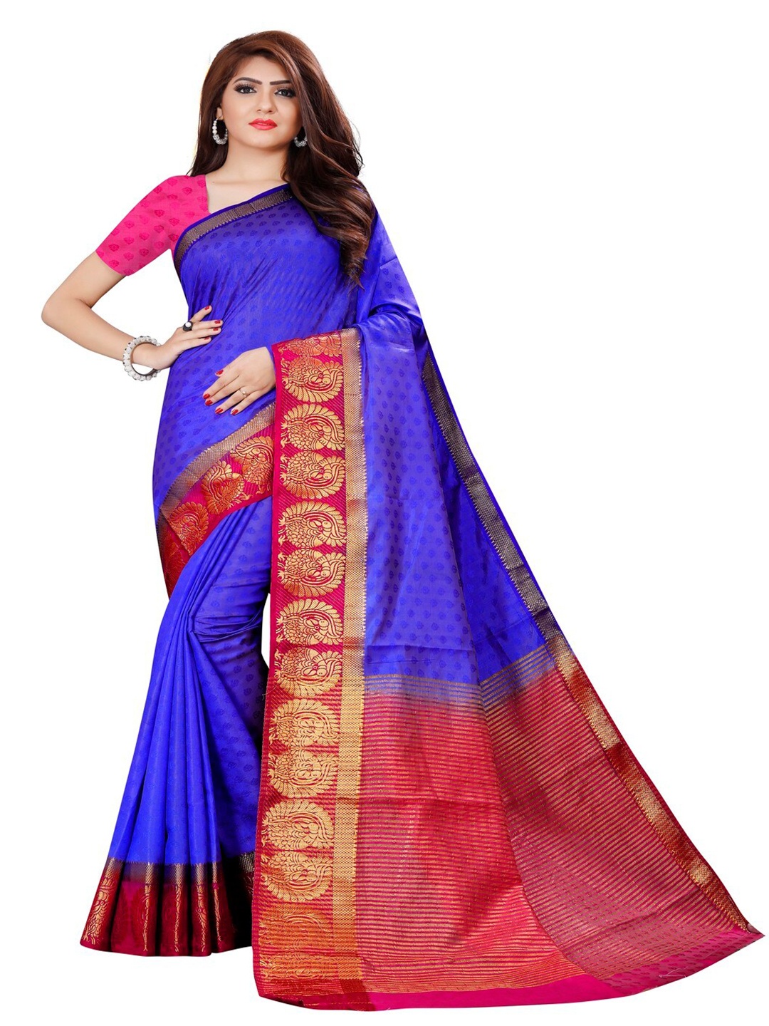 

MOKSHA DESIGNS Blue & Pink Woven Design Zari Pure Silk Kanjeevaram Saree