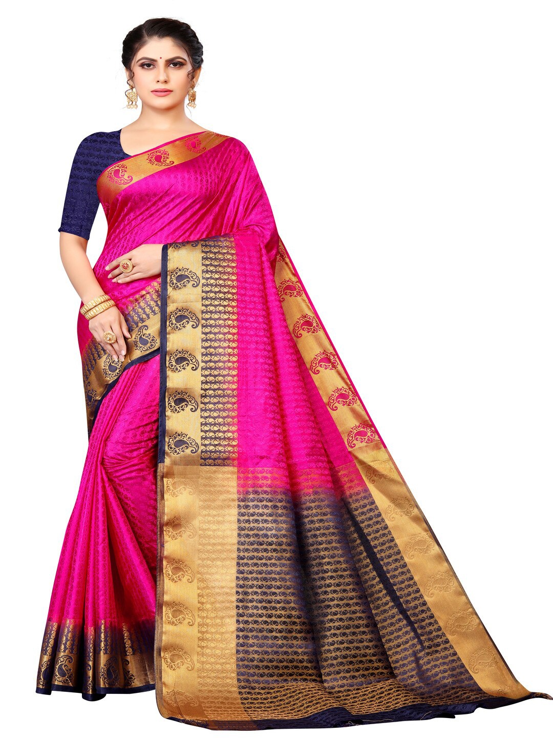 

MOKSHA DESIGNS Pink & Navy Blue Woven Design Zari Pure Silk Kanjeevaram Saree