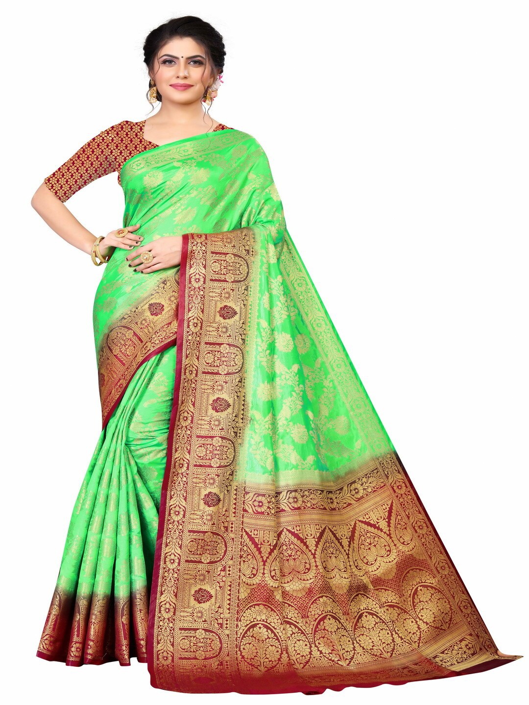 

MOKSHA DESIGNS Green & Maroon Woven Design Pure Silk Kanjeevaram Saree