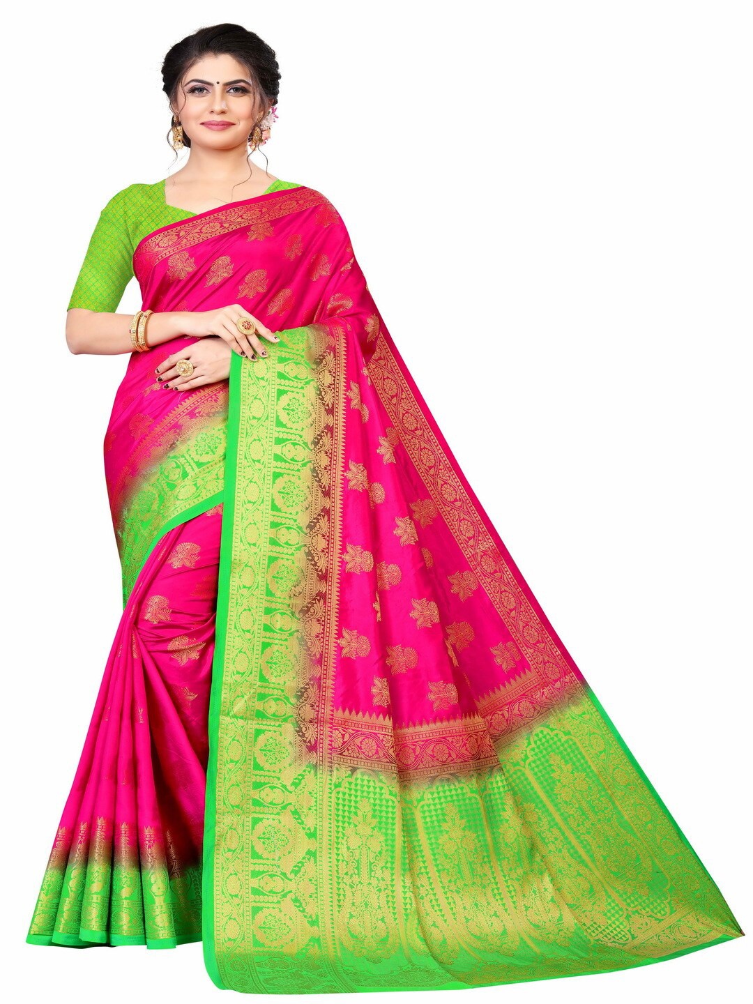 

MOKSHA DESIGNS Pink & Green Ethnic Motifs Zari Pure Silk Kanjeevaram Saree