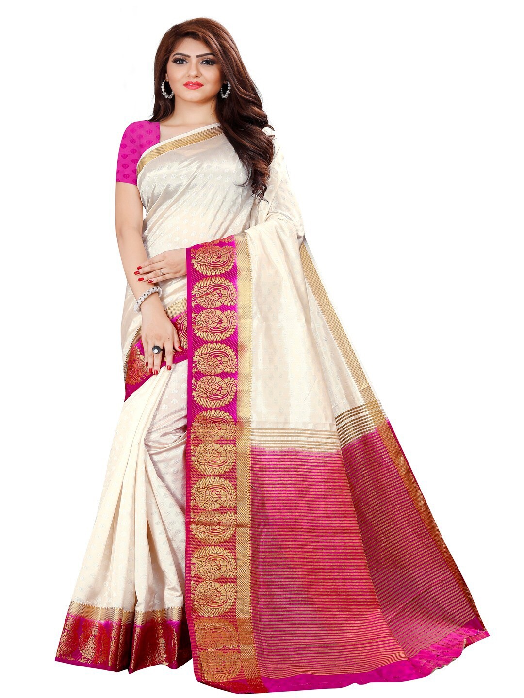 

MOKSHA DESIGNS White & Pink Woven Design Zari Pure Silk Kanjeevaram Saree
