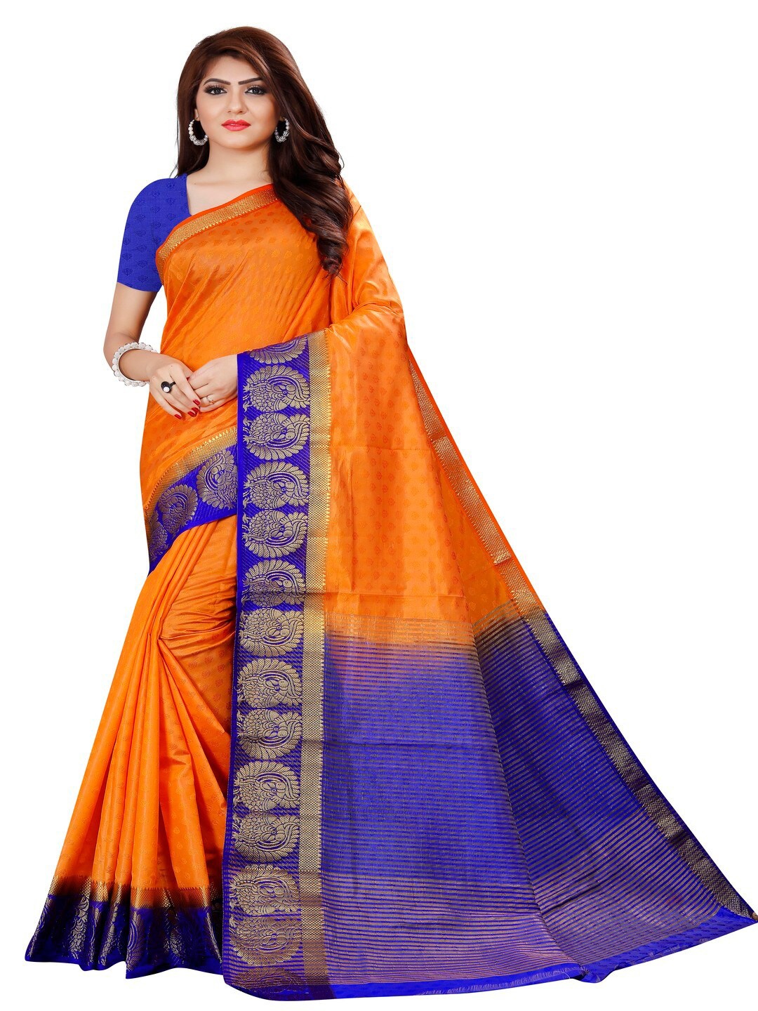 

MOKSHA DESIGNS Orange & Violet Woven Design Zari Pure Silk Kanjeevaram Saree