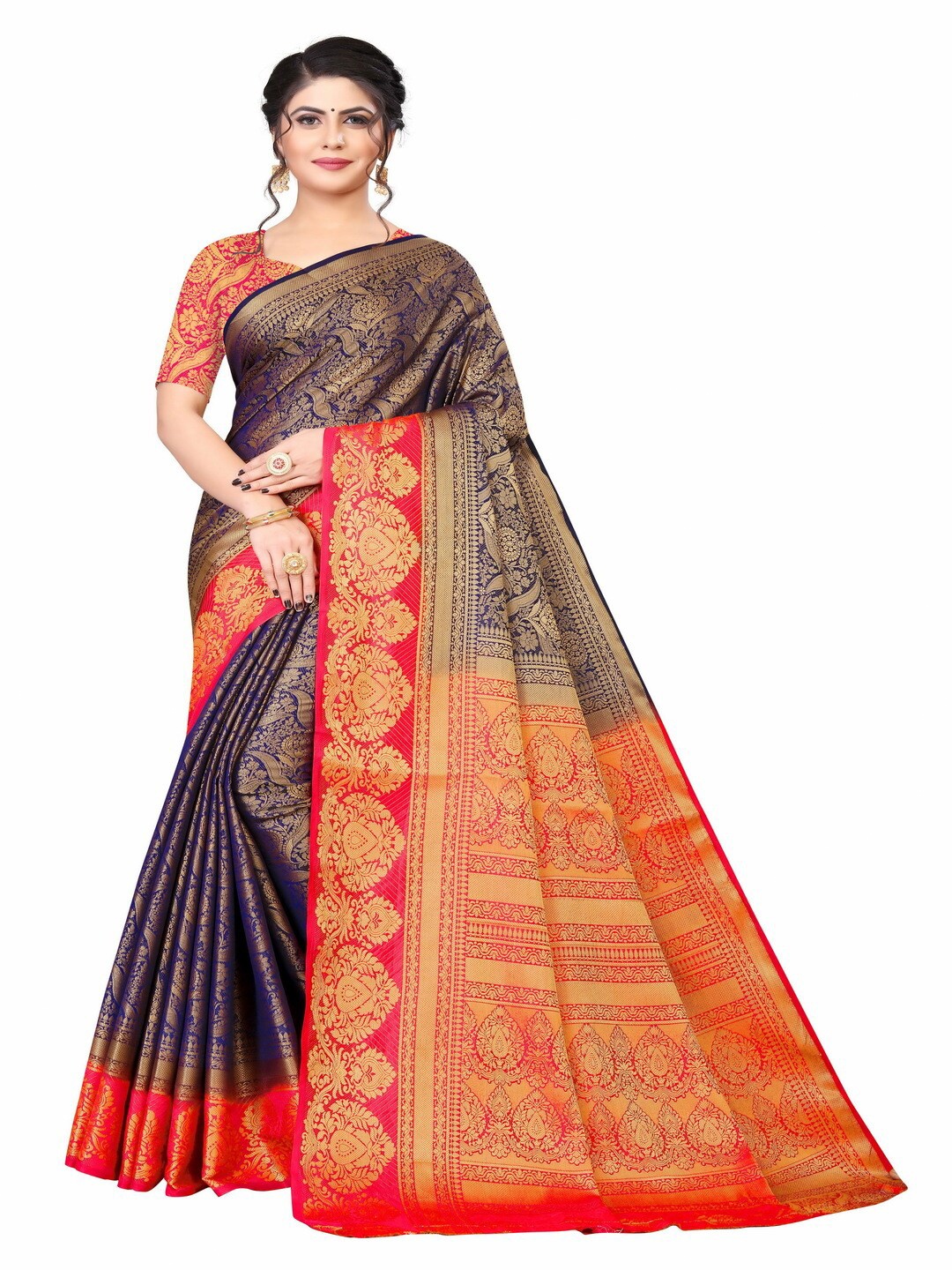 

MOKSHA DESIGNS Navy Blue & Orange Woven Design Zari Pure Silk Kanjeevaram Saree