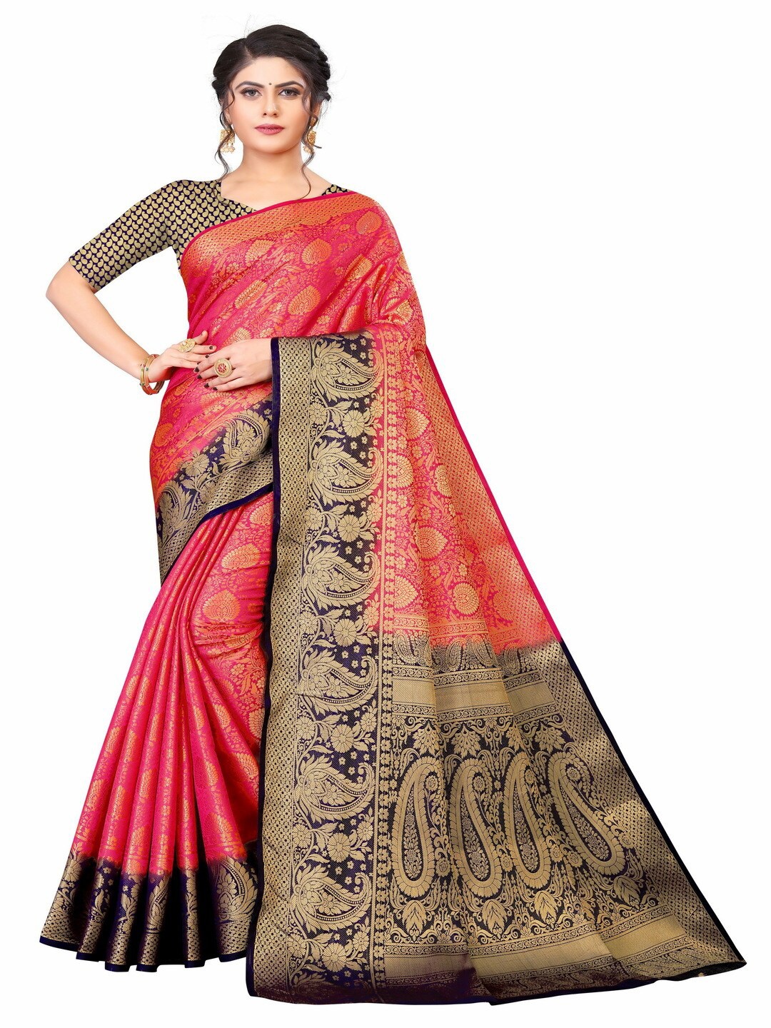 

MOKSHA DESIGNS Pink & Black Ethnic Motifs Zari Pure Silk Kanjeevaram Saree