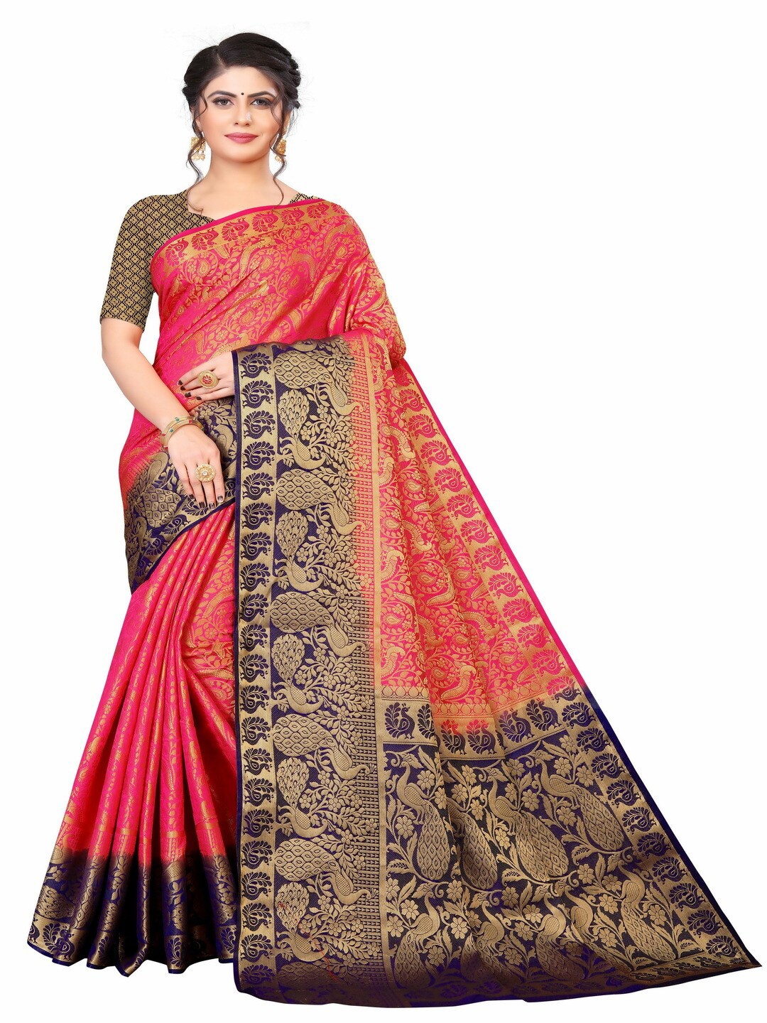 

MOKSHA DESIGNS Red & Navy Blue Woven Design Zari Pure Silk Kanjeevaram Saree