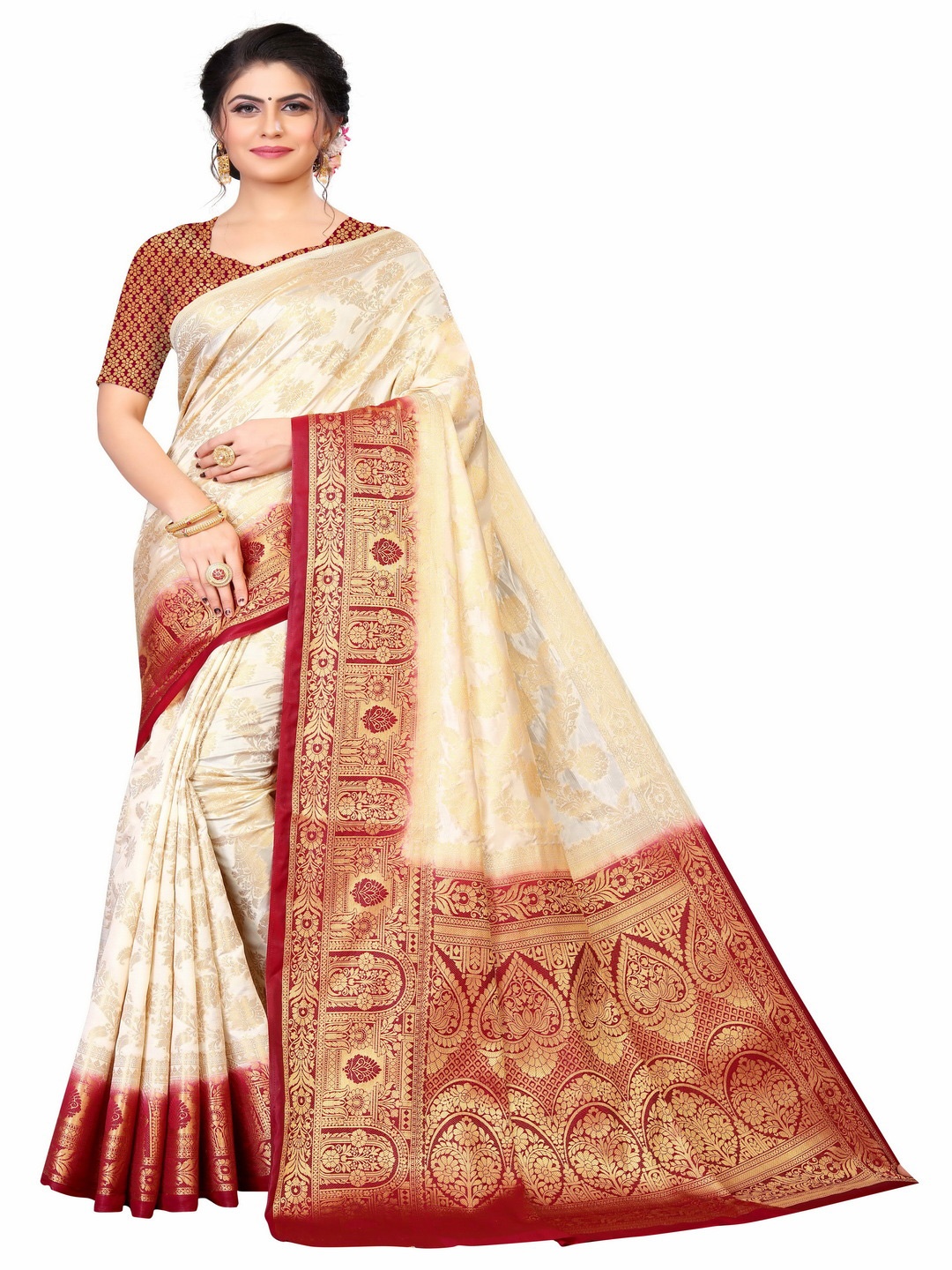 

MOKSHA DESIGNS Cream-Coloured & Maroon Woven Design Zari Pure Silk Kanjeevaram Saree