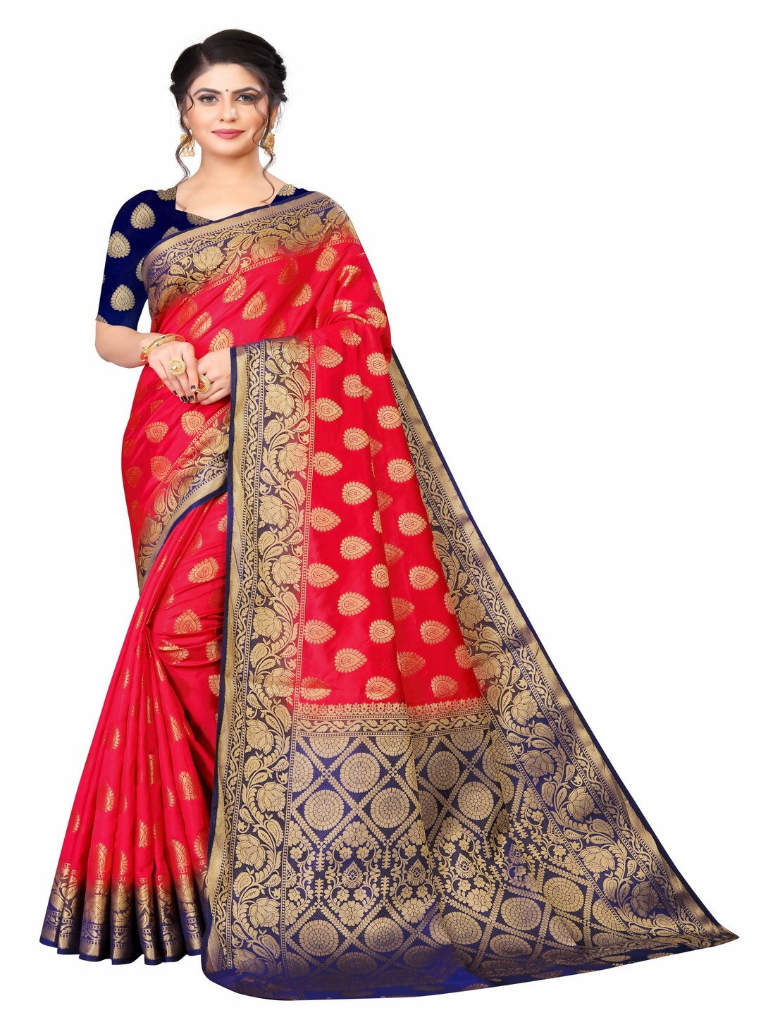 

MOKSHA DESIGNS Red & Navy Blue Ethnic Motifs Zari Pure Silk Kanjeevaram Saree