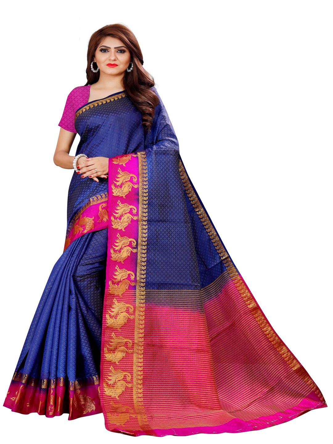 

MOKSHA DESIGNS Navy Blue & Pink Ethnic Motifs Zari Pure Silk Kanjeevaram Saree