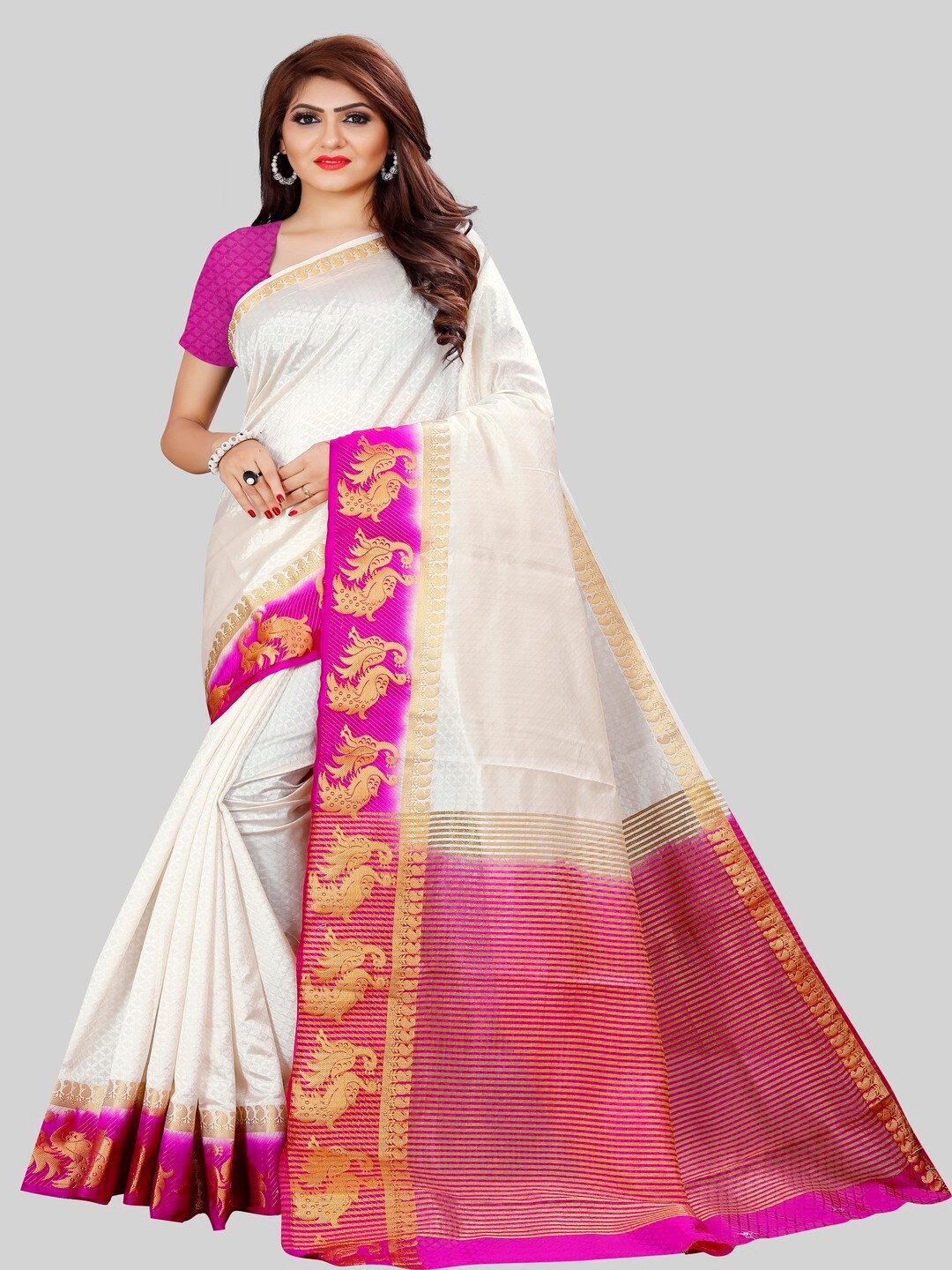 

MOKSHA DESIGNS White & Pink Woven Design Pure Silk Kanjeevaram Saree