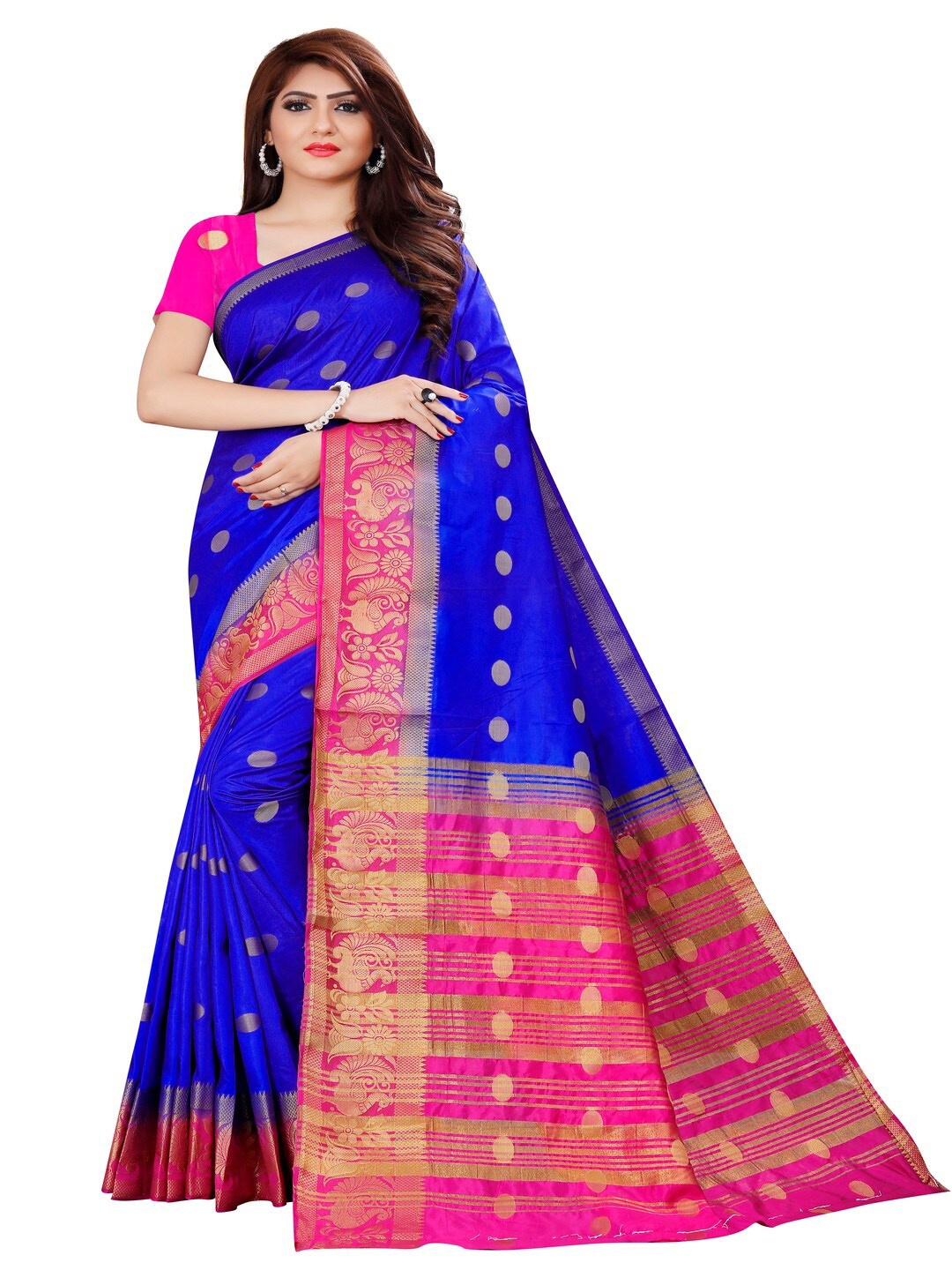 

MOKSHA DESIGNS Blue & Pink Woven Design Zari Pure Silk Kanjeevaram Saree