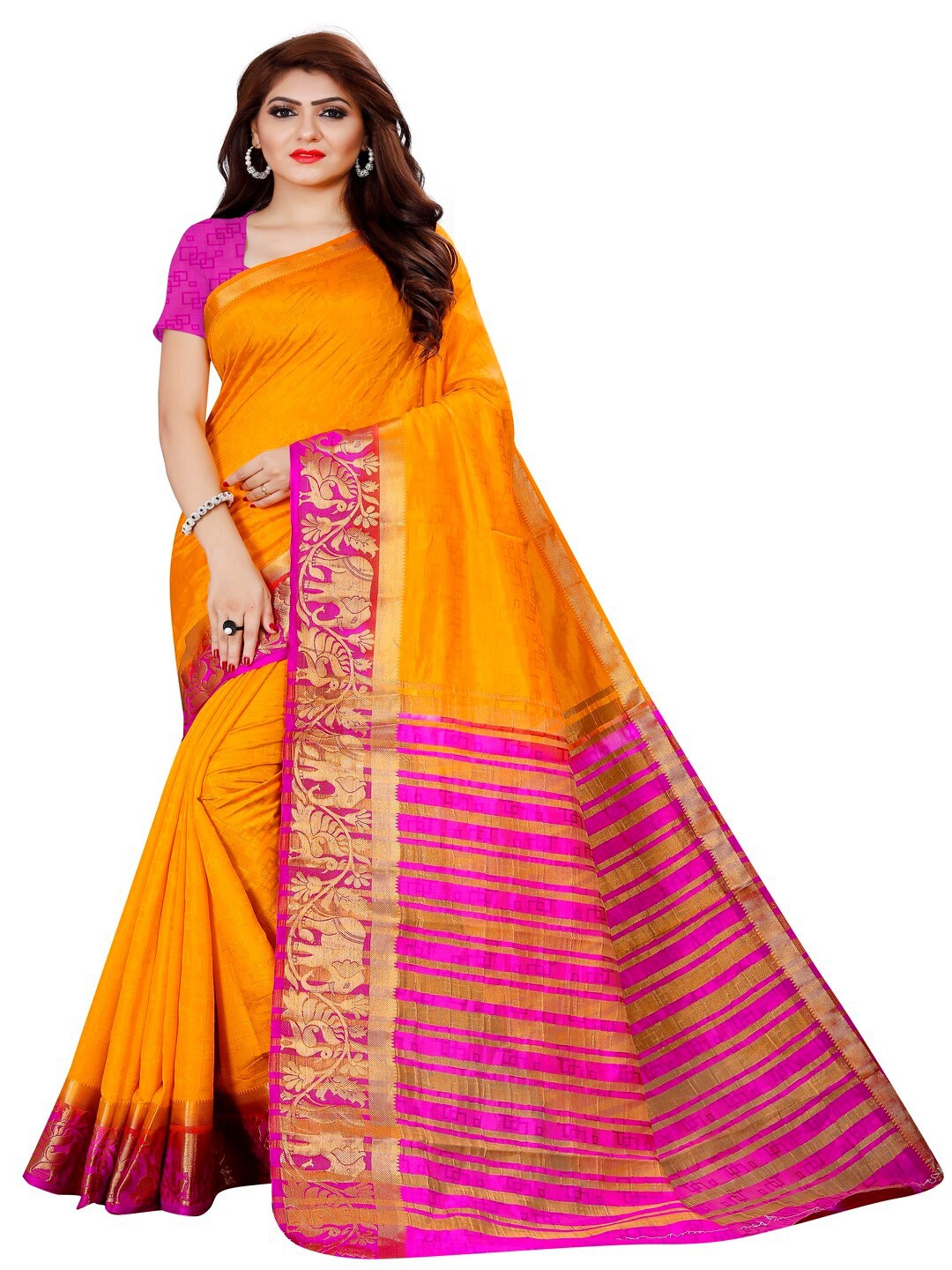 

MOKSHA DESIGNS Yellow & Pink Woven Design Zari Pure Silk Kanjeevaram Saree