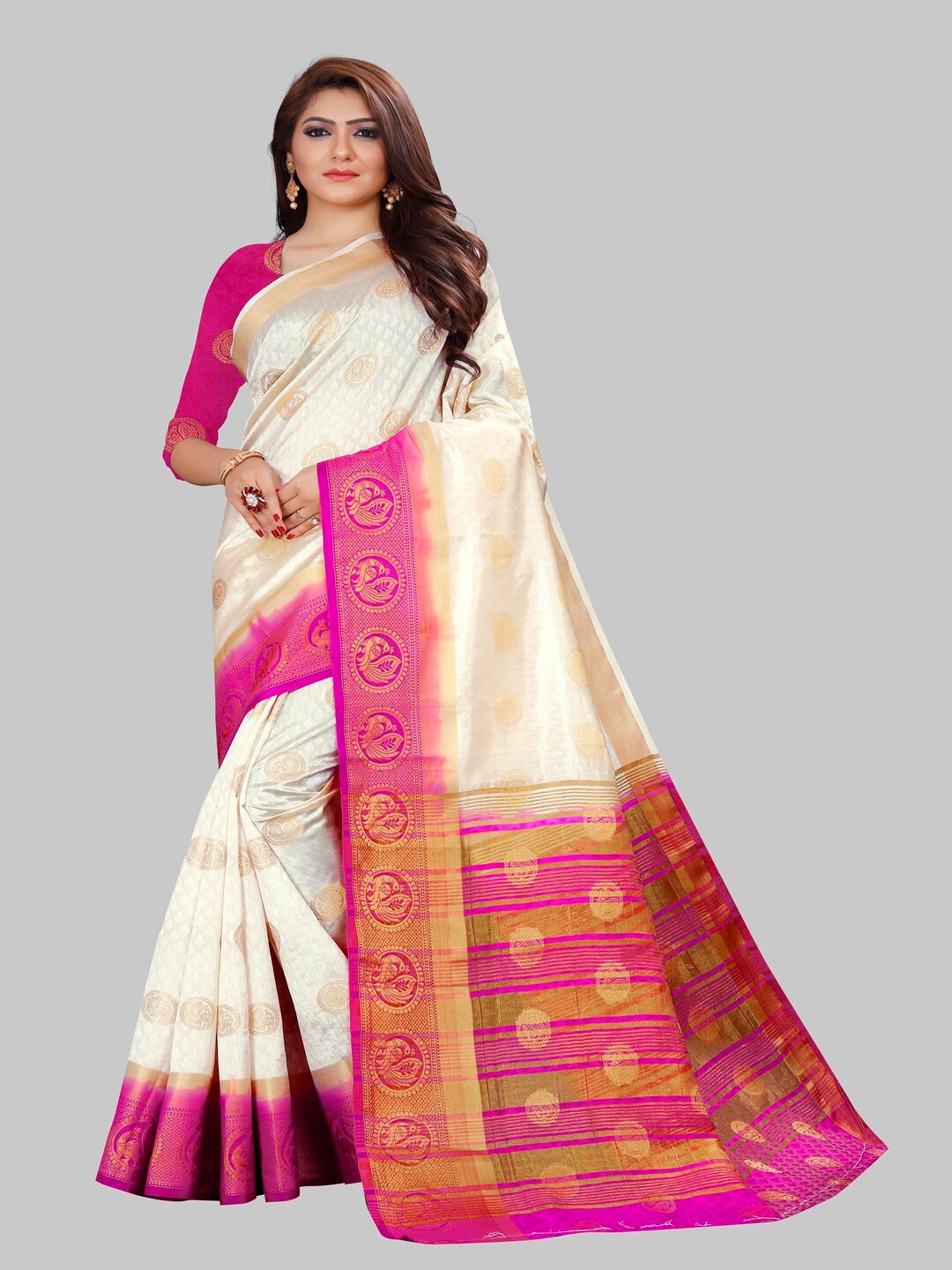 

MOKSHA DESIGNS White & Pink Woven Design Zari Pure Silk Kanjeevaram Saree