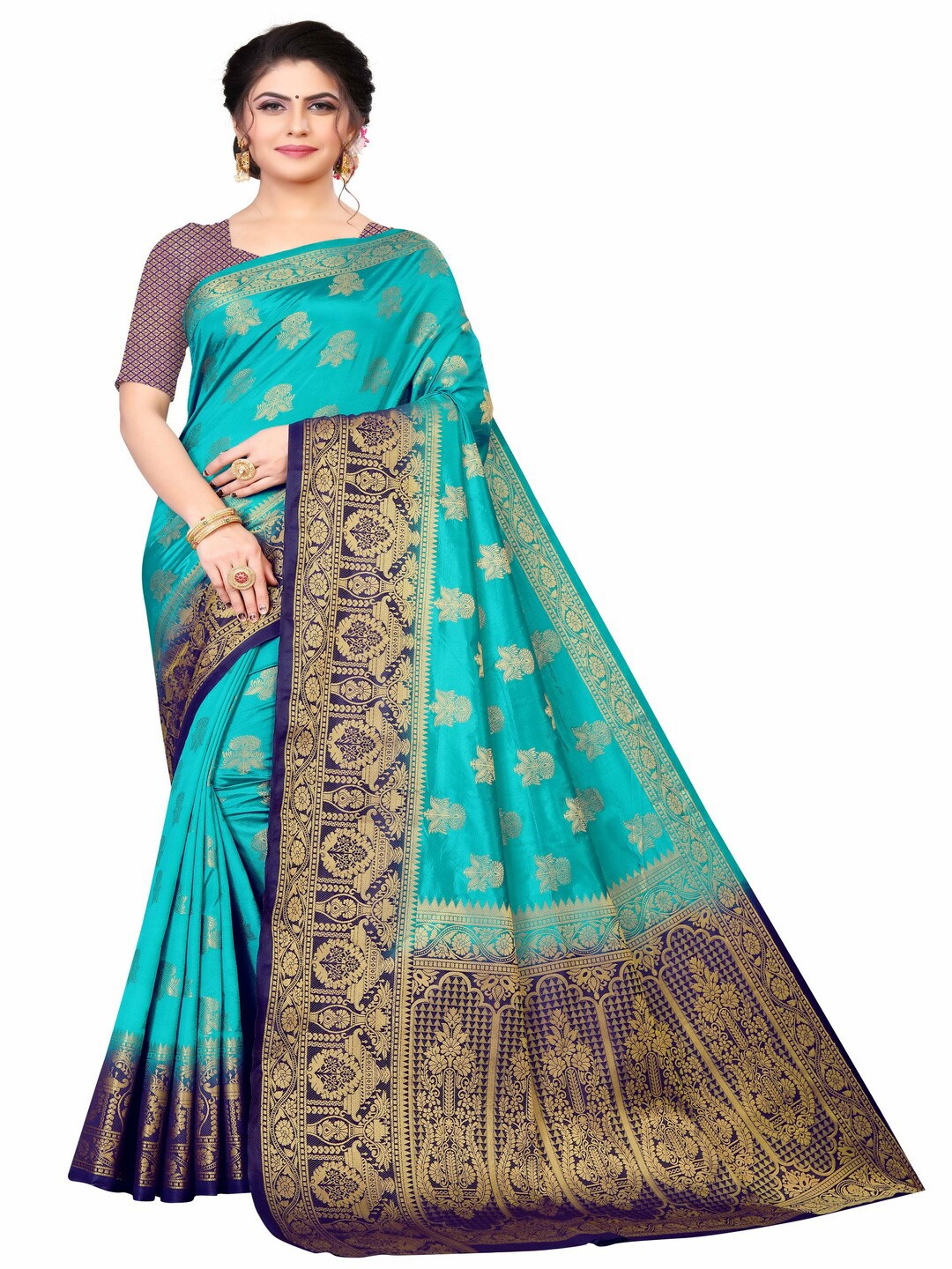 

MOKSHA DESIGNS Turquoise Blue & Navy Blue Woven Design Zari Pure Silk Kanjeevaram Saree