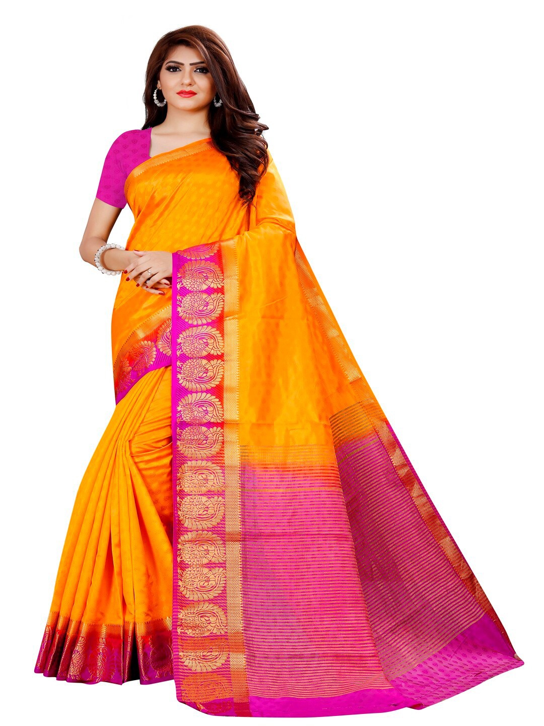 

MOKSHA DESIGNS Orange & Pink Woven Design Zari Pure Silk Kanjeevaram Saree