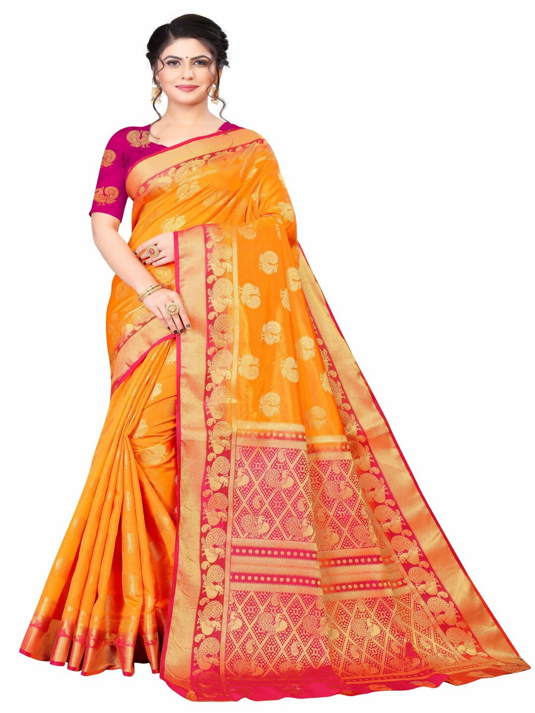 

MOKSHA DESIGNS Orange & Gold-Toned Woven Design Zari Pure Silk Kanjeevaram Saree
