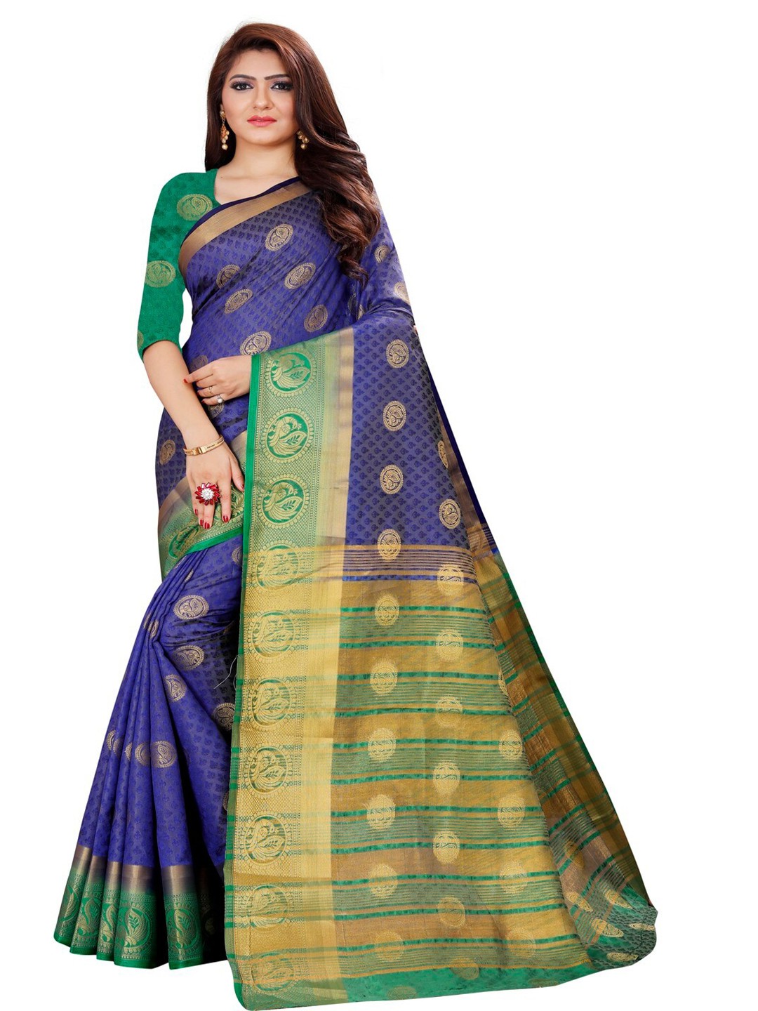 

MOKSHA DESIGNS Blue & Green Ethnic Motifs Zari Pure Silk Kanjeevaram Saree
