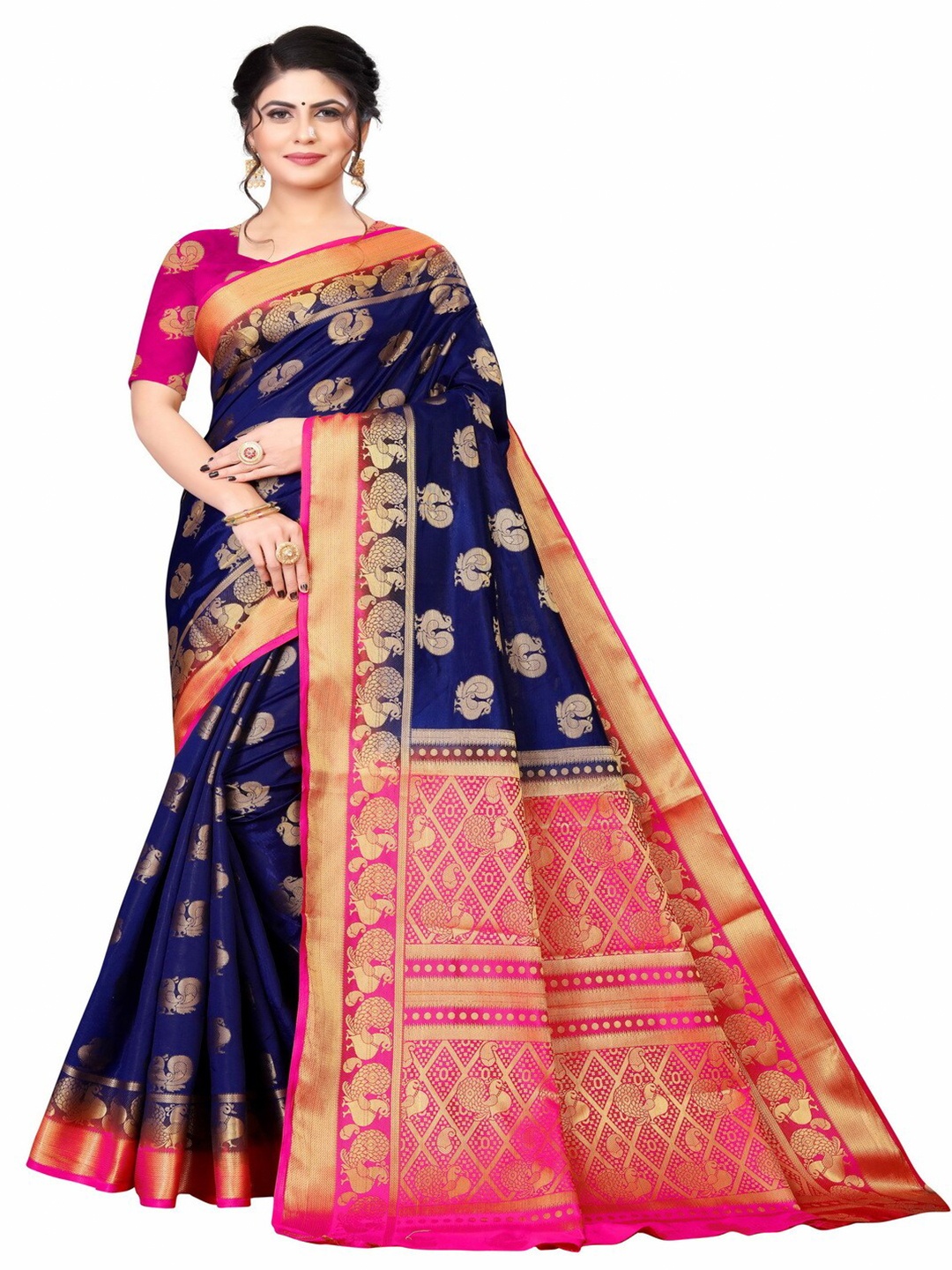 

MOKSHA DESIGNS Blue & Pink Woven Design Zari Pure Silk Kanjeevaram Saree
