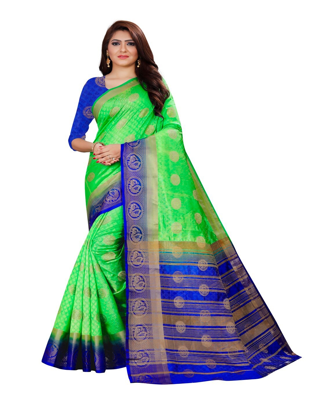 

MOKSHA DESIGNS Green & Blue Woven Design Zari Pure Silk Kanjeevaram Saree