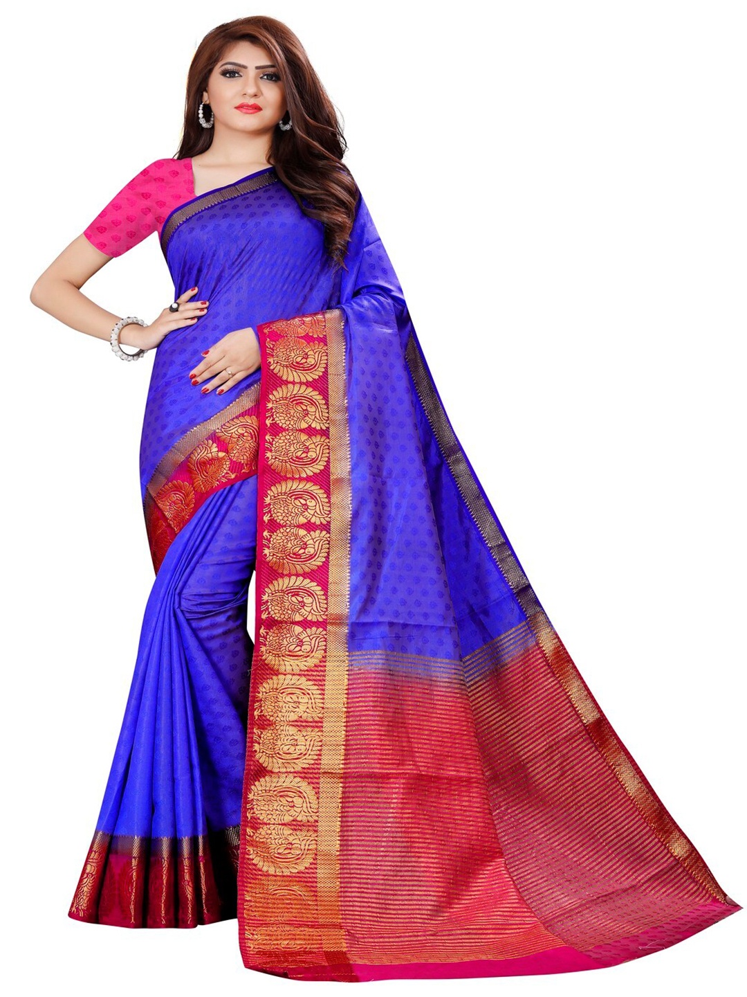 

MOKSHA DESIGNS Blue & Red Woven Design Zari Pure Silk Kanjeevaram Saree