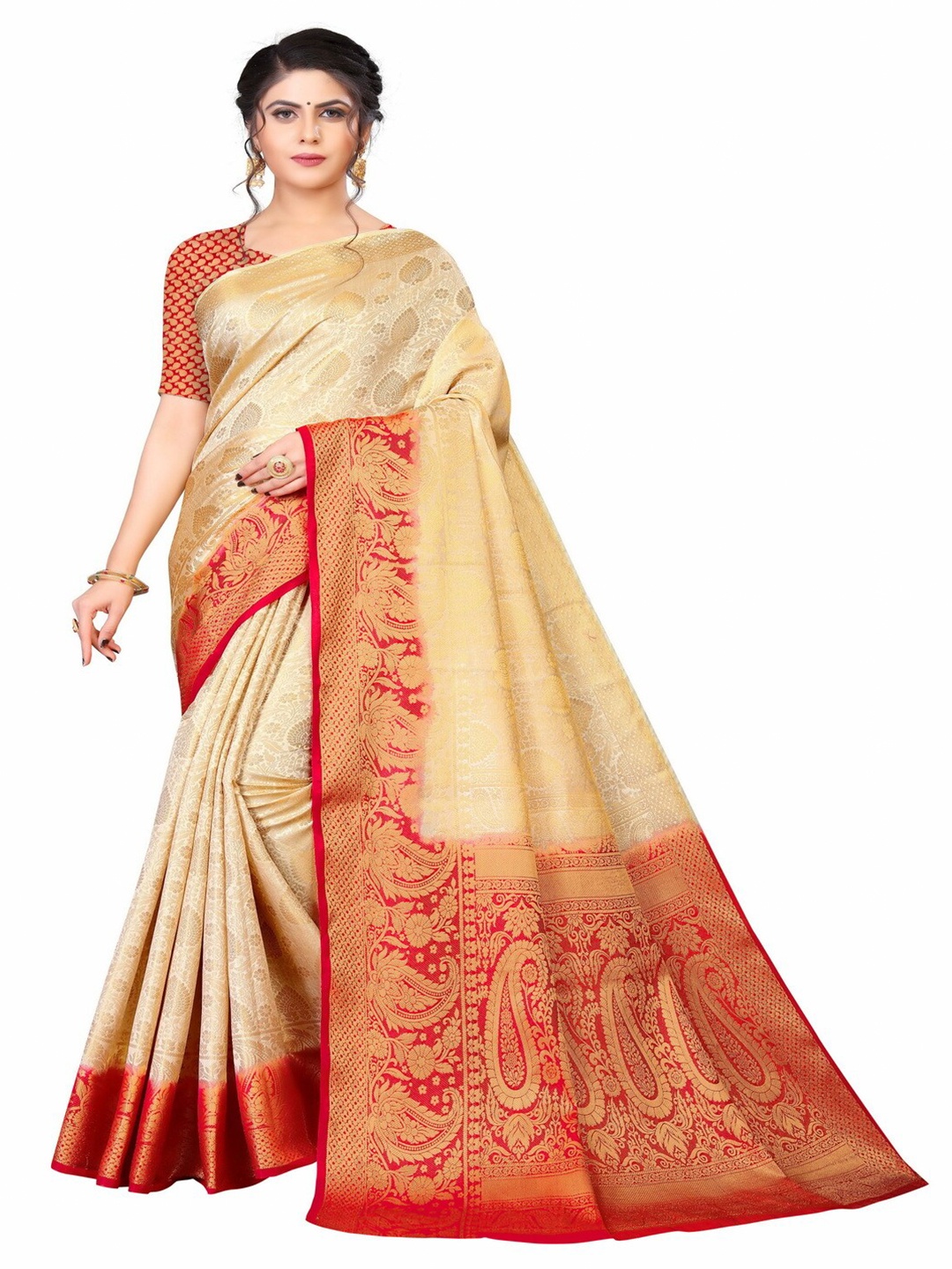 

MOKSHA DESIGNS Cream-Coloured & Red Woven Design Zari Pure Silk Kanjeevaram Saree