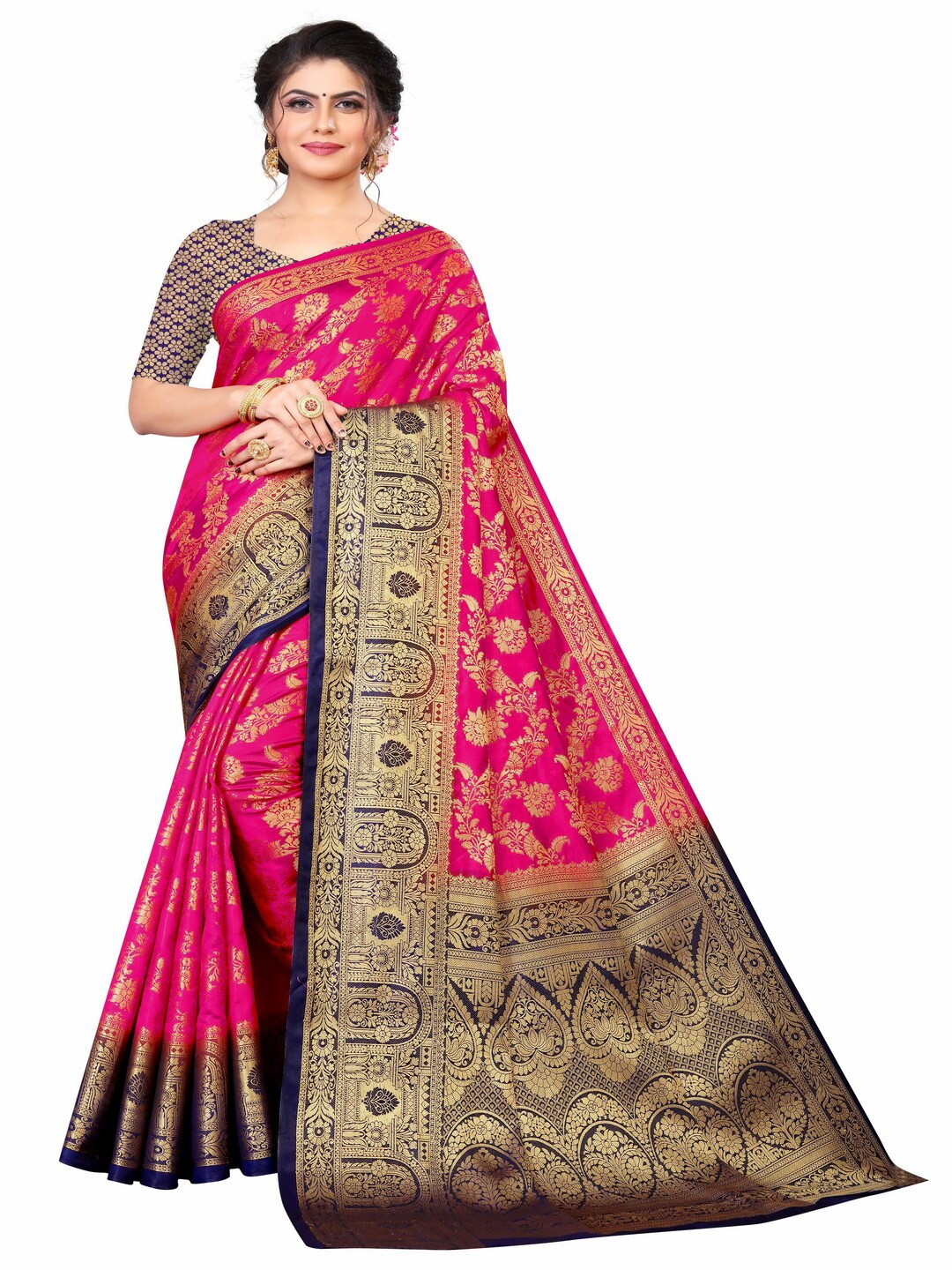 

MOKSHA DESIGNS Pink & Navy Blue Woven Design Zari Pure Silk Kanjeevaram Saree