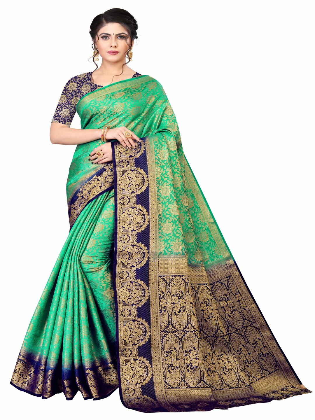 

MOKSHA DESIGNS Teal & Gold-Toned Woven Design Zari Pure Silk Kanjeevaram Saree