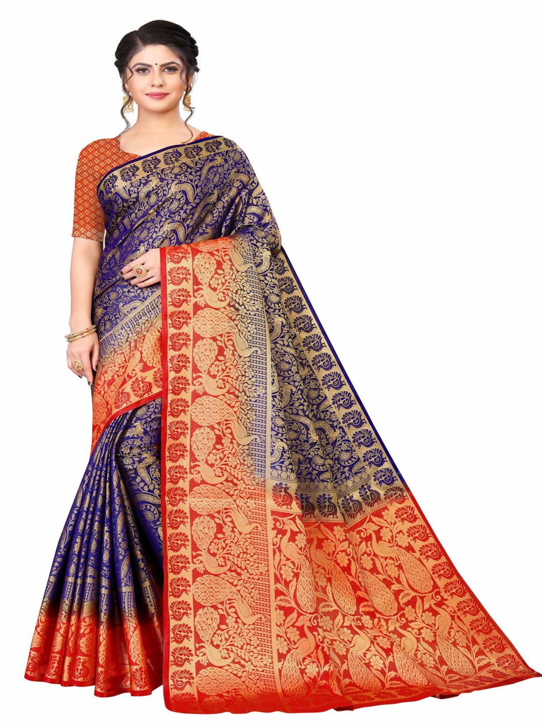 

MOKSHA DESIGNS Navy Blue & Red Woven Design Zari Pure Silk Kanjeevaram Saree