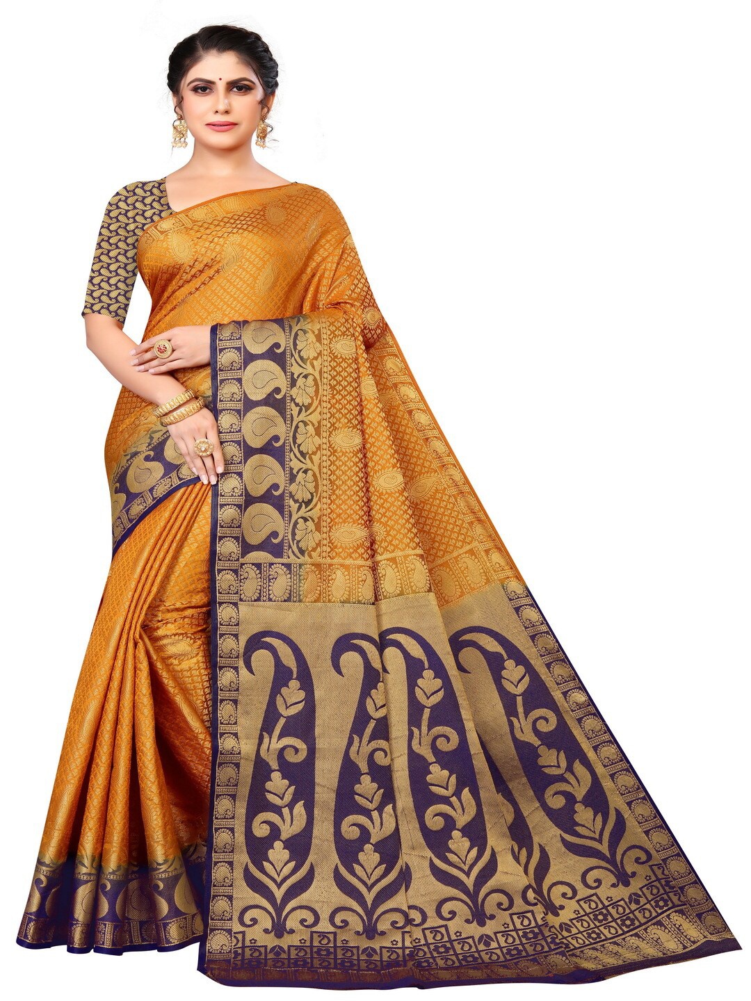 

MOKSHA DESIGNS Gold-Toned & Navy Blue Woven Design Zari Pure Silk Kanjeevaram Saree