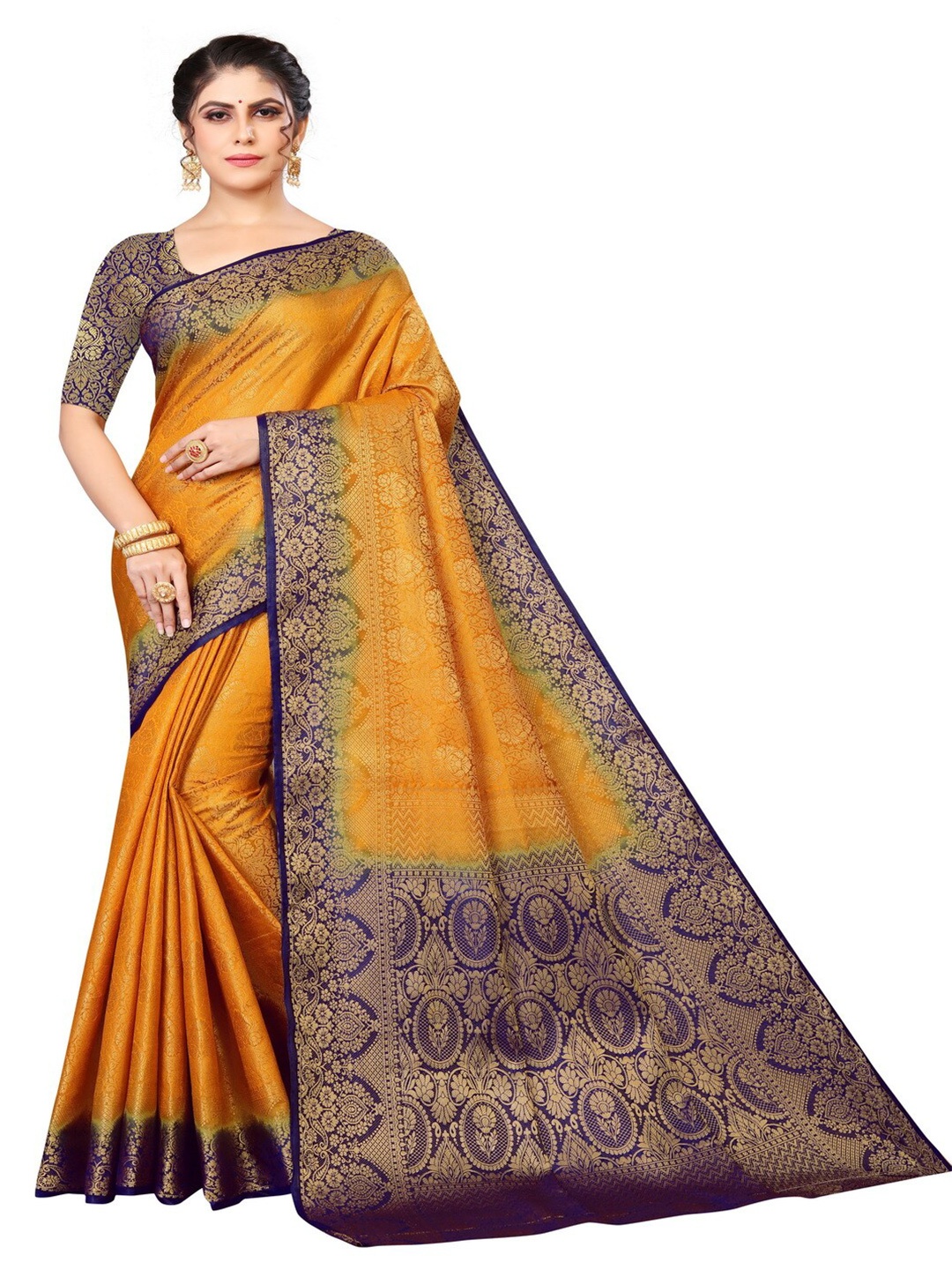 

MOKSHA DESIGNS Gold-Toned & Navy Blue Ethnic Motifs Zari Pure Silk Kanjeevaram Saree