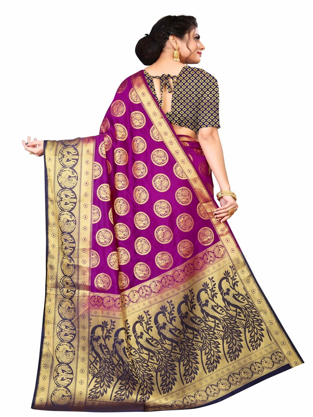 

MOKSHA DESIGNS Violet & Gold-Toned Ethnic Motifs Pure Silk Kanjeevaram Saree