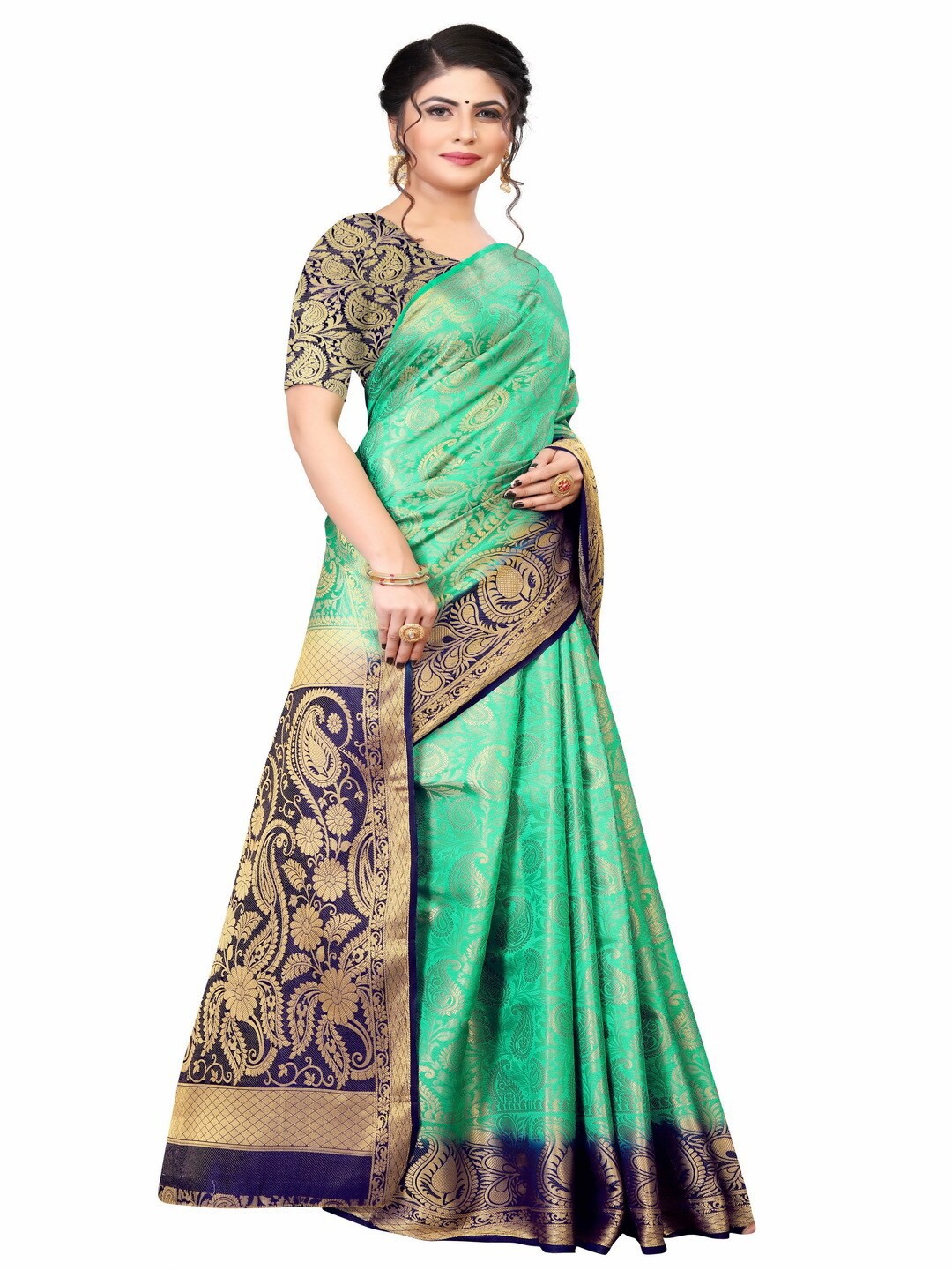 

MOKSHA DESIGNS Green & Navy Blue Woven Design Zari Pure Silk Kanjeevaram Saree