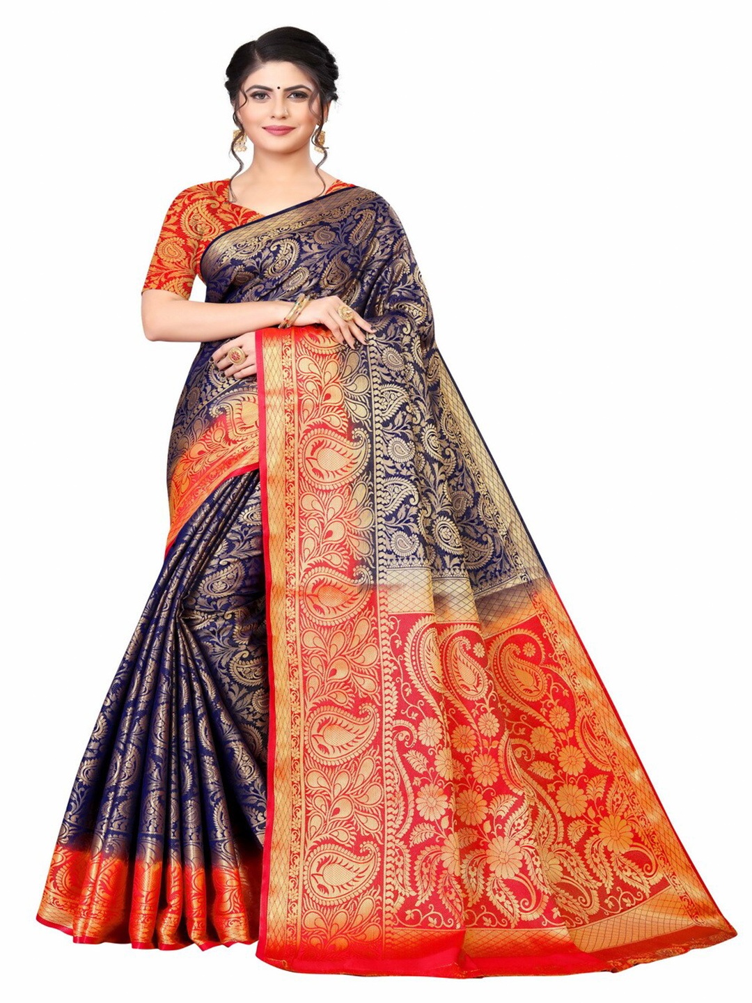 

MOKSHA DESIGNS Navy Blue & Red Woven Design Zari Pure Silk Kanjeevaram Saree