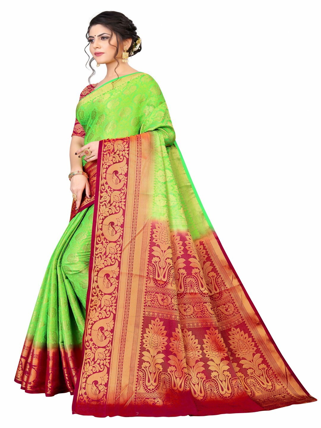 

MOKSHA DESIGNS Green & Red Woven Design Zari Pure Silk Kanjeevaram Saree
