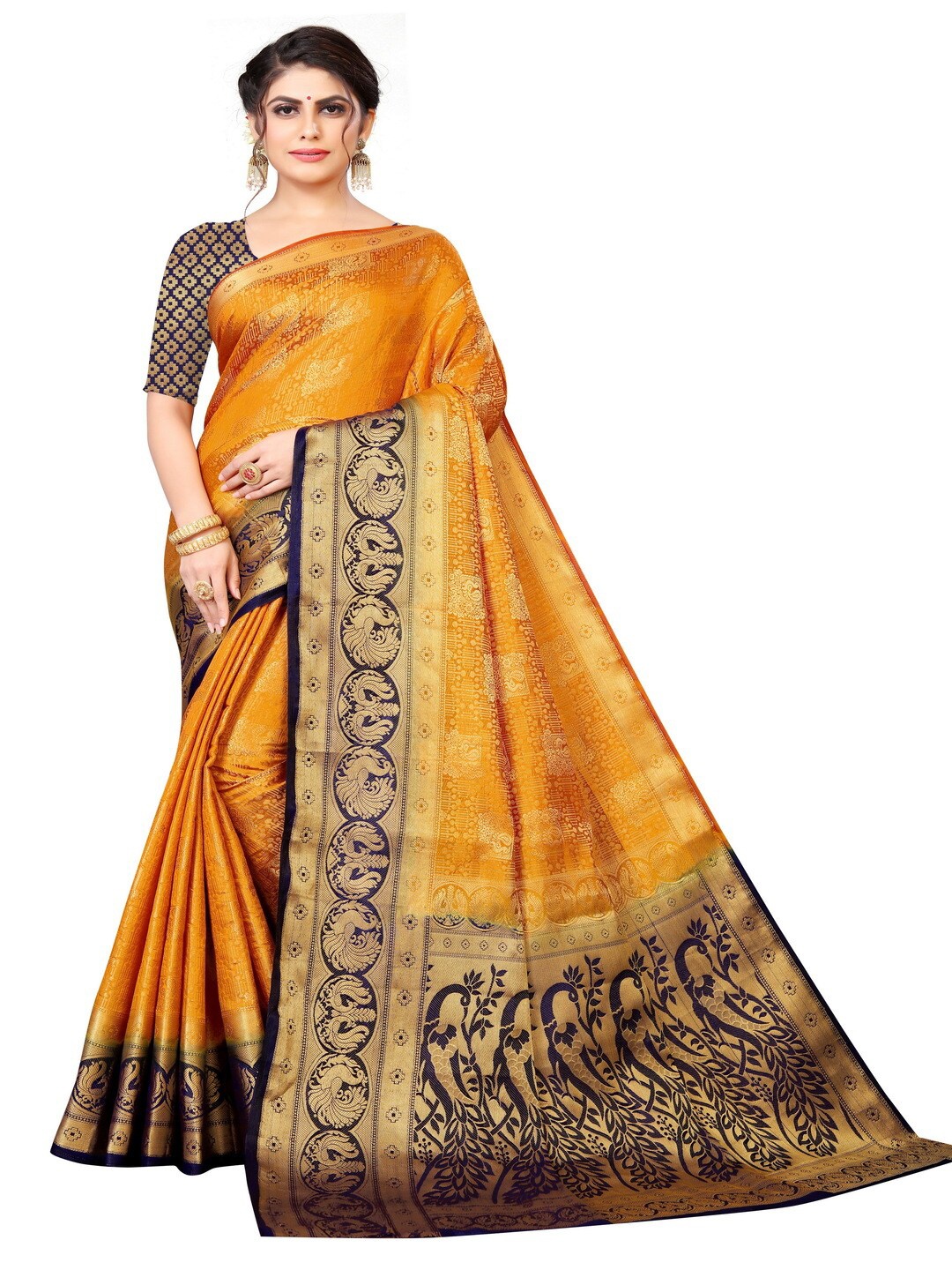 

MOKSHA DESIGNS Gold-Toned & Navy Blue Pure Silk Zari Kanjeevaram Saree