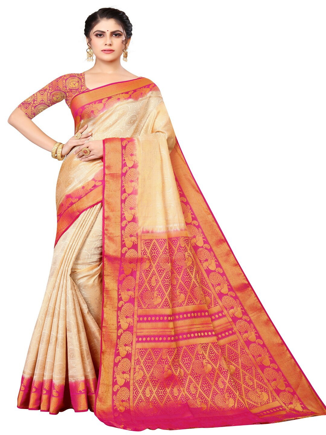 

MOKSHA DESIGNS Women Off White & Pink Woven Design Zari Pure Silk Kanjeevaram Saree