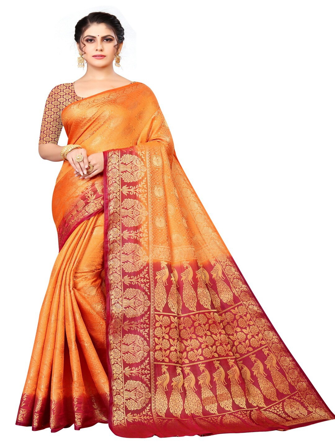 

MOKSHA DESIGNS Orange & Maroon Woven Design Zari Pure Silk Kanjeevaram Saree