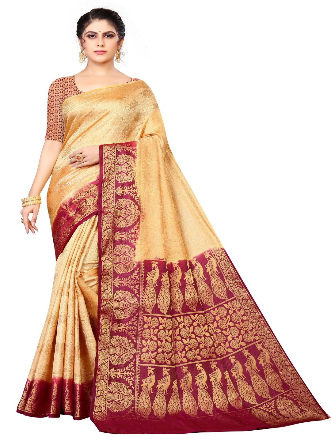 

MOKSHA DESIGNS Gold-Toned & Maroon Woven Design Zari Pure Silk Kanjeevaram Saree