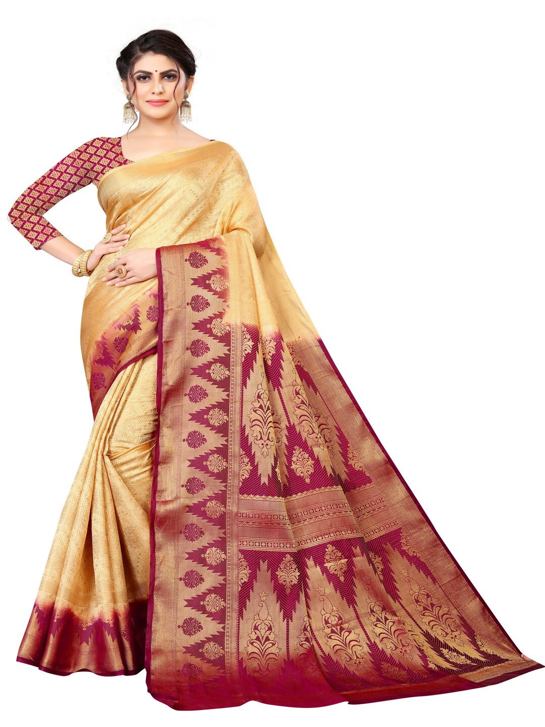 

MOKSHA DESIGNS Off White & Maroon Zari Pure Silk Kanjeevaram Saree