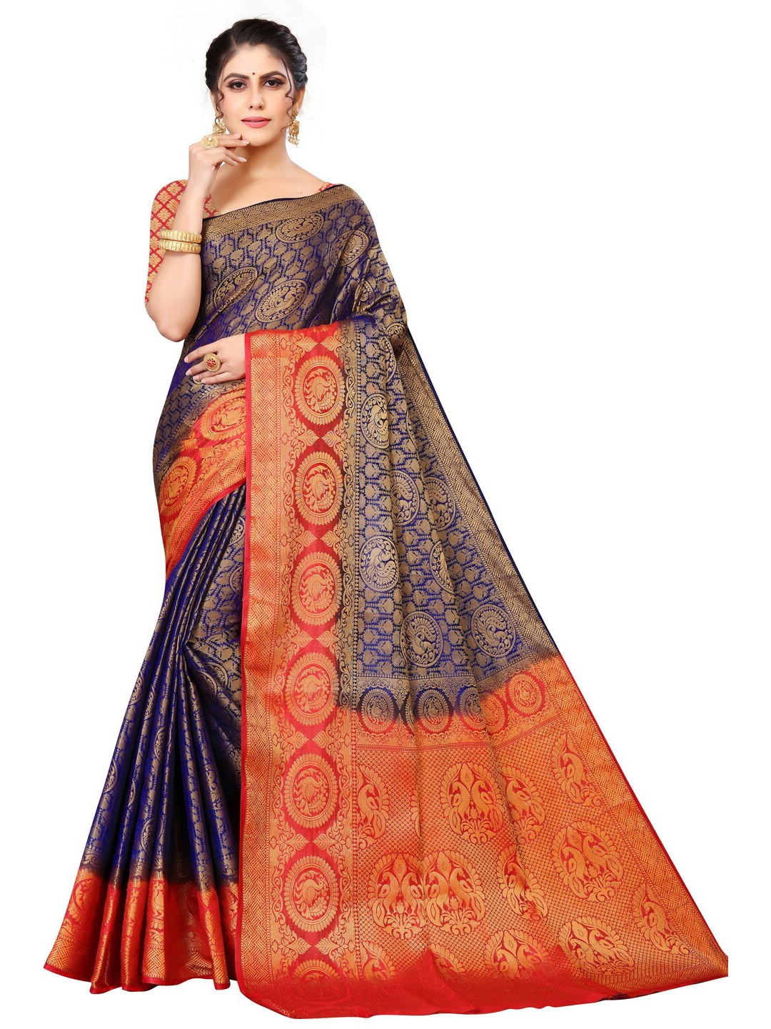 

MOKSHA DESIGNS Navy Blue & Red Woven Design Zari Pure Silk Kanjeevaram Saree