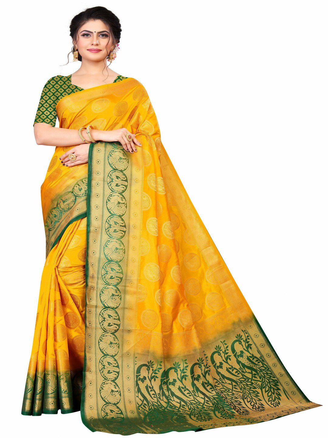 

MOKSHA DESIGNS Yellow & Green Ethnic Motifs Zari Pure Silk Kanjeevaram Saree