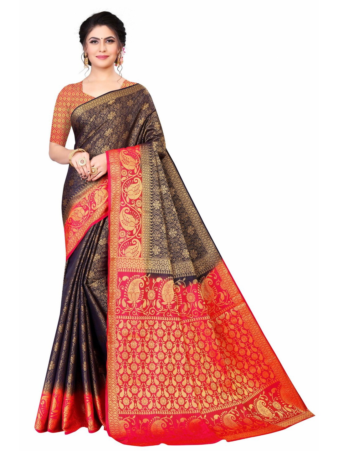 

MOKSHA DESIGNS Women Navy Blue & Red Ethnic Motifs Zari Pure Silk Kanjeevaram Saree