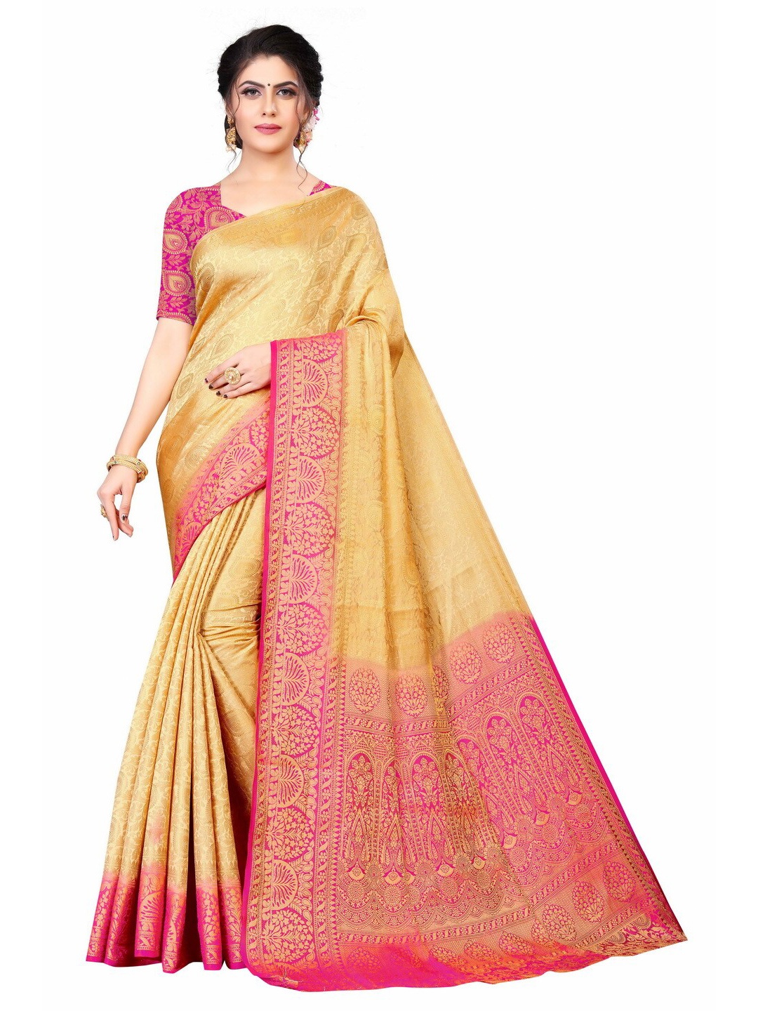 

MOKSHA DESIGNS Off White & Pink Woven Design Zari Pure Silk Kanjeevaram Saree