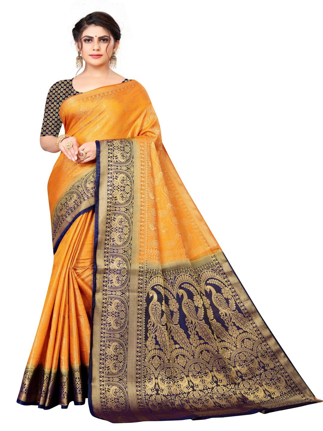 

MOKSHA DESIGNS Mustard & Navy Blue Ethnic Motifs Zari Pure Silk Kanjeevaram Saree