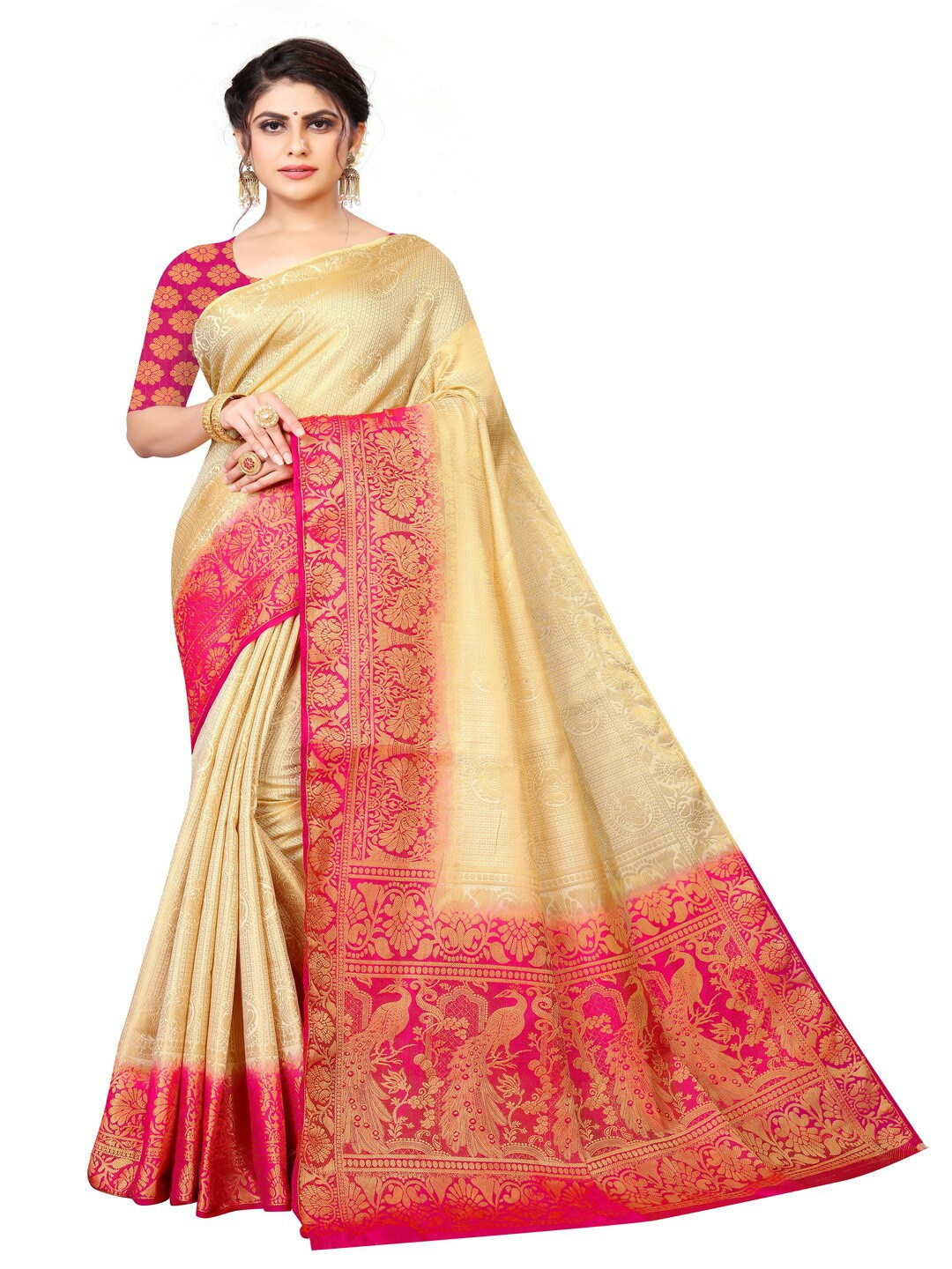 

MOKSHA DESIGNS Cream-Coloured & Pink Woven Design Pure Silk Kanjeevaram Saree