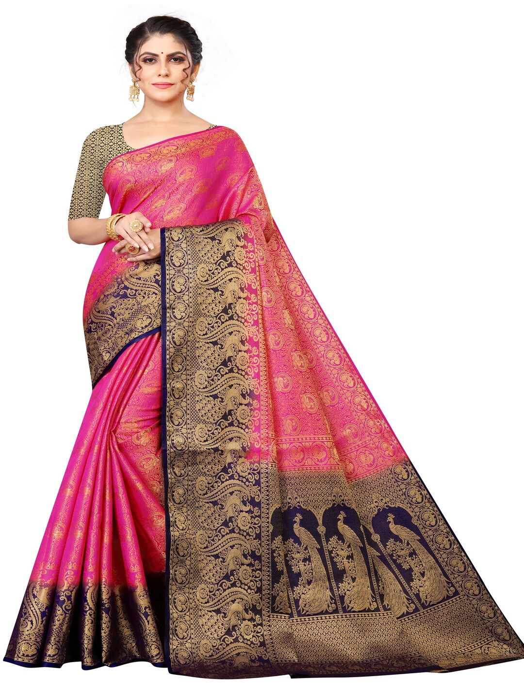 

MOKSHA DESIGNS Pink & Navy Blue Woven Design Zari Pure Silk Kanjeevaram Saree