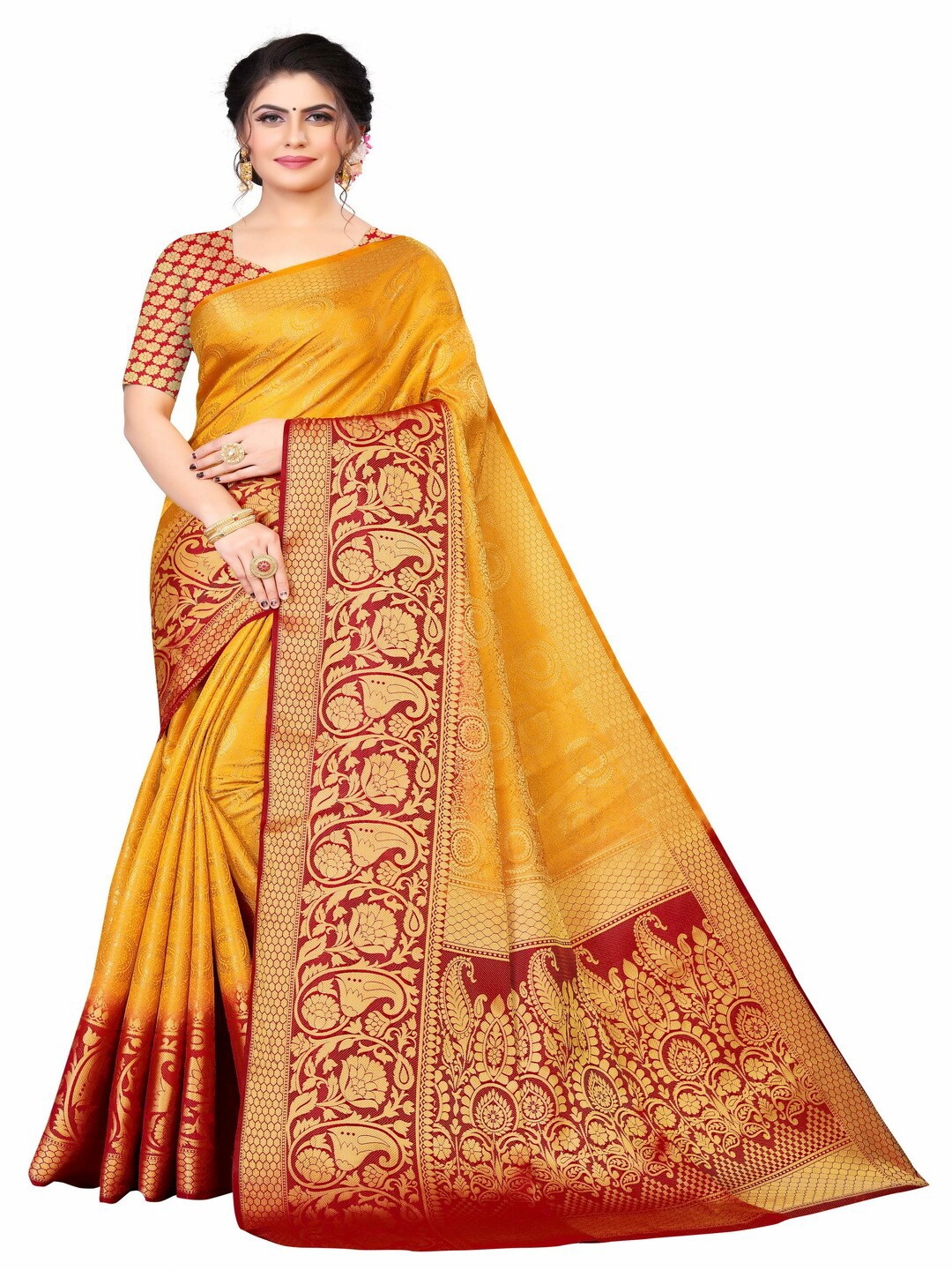 

MOKSHA DESIGNS Mustard & Maroon Woven Design Zari Pure Silk Kanjeevaram Saree