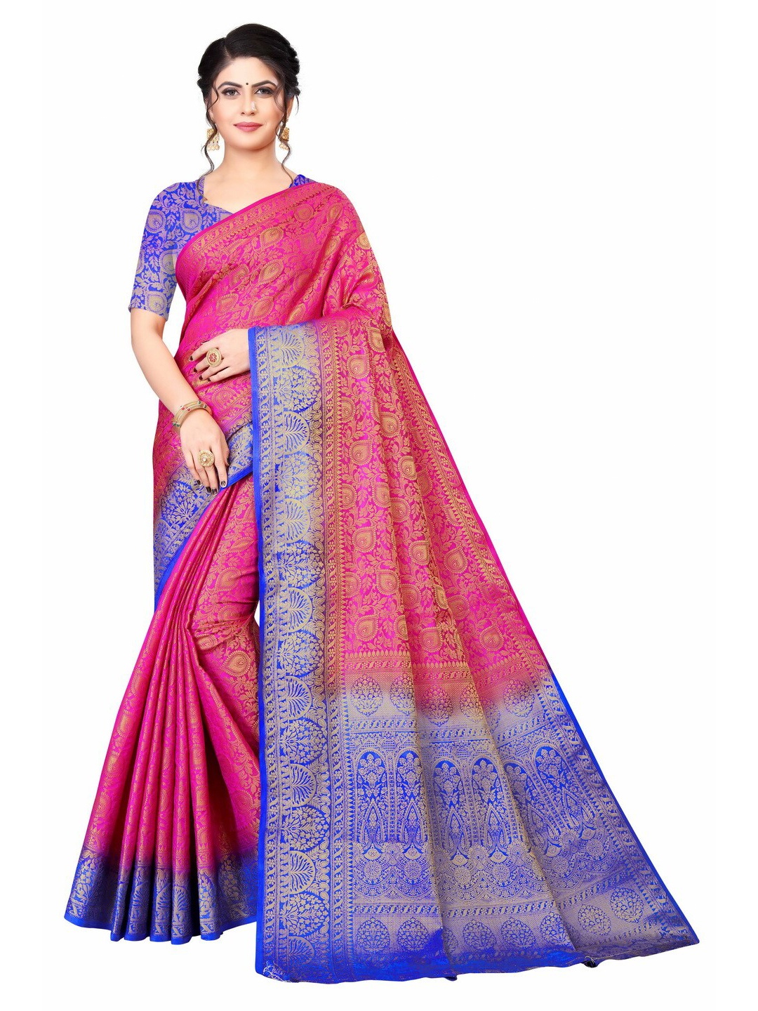 

MOKSHA DESIGNS Pink & Blue Woven Design Zari Pure Silk Kanjeevaram Saree